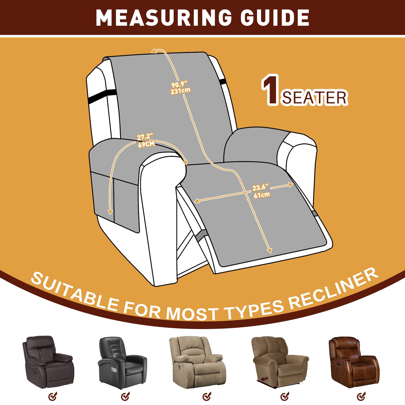 XINEAGE 100% Waterproof Recliner Chair Cover - Non Slip Sofa Protector with Storage Pocket & Elastic Straps - Washable Pet-Friendly Furniture Cover (Dark Gray, 23.6