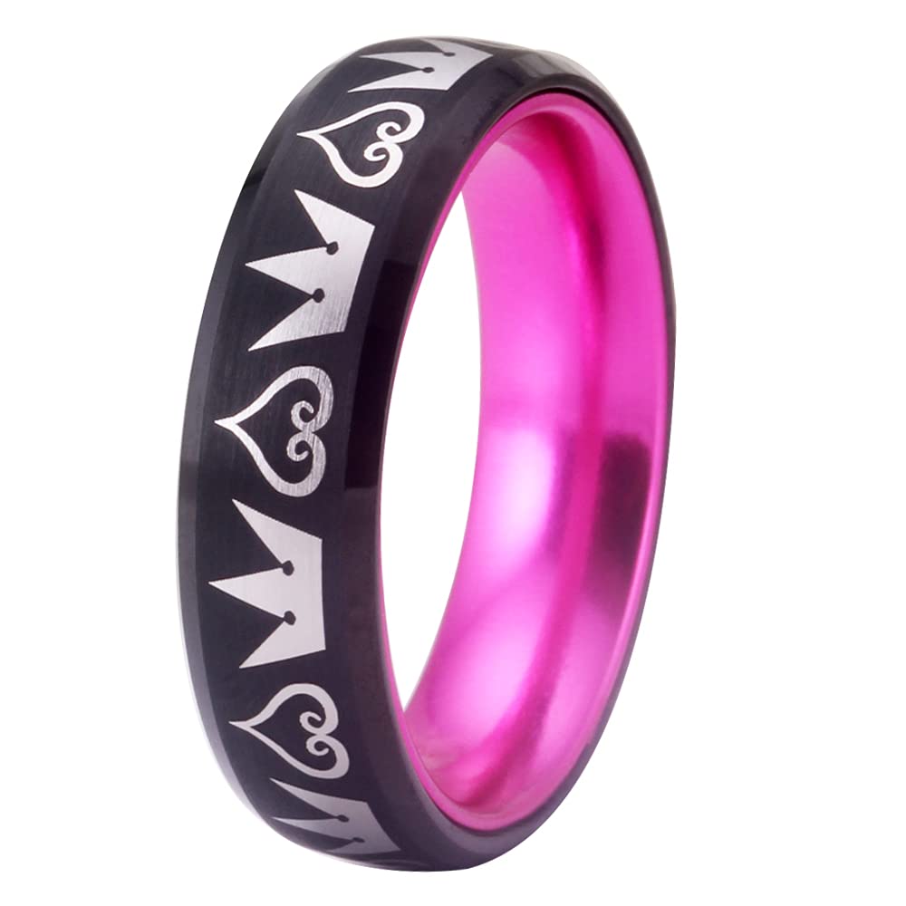 Kingdom Hearts Cosplay Jewelry - 8mm Red & Black Tungsten Ring with Crown Design, Matte Finish, Beveled Edges | Wedding Band, Custom Engraving | Perfect for Anime Fans, Gifts & Costume Accessories