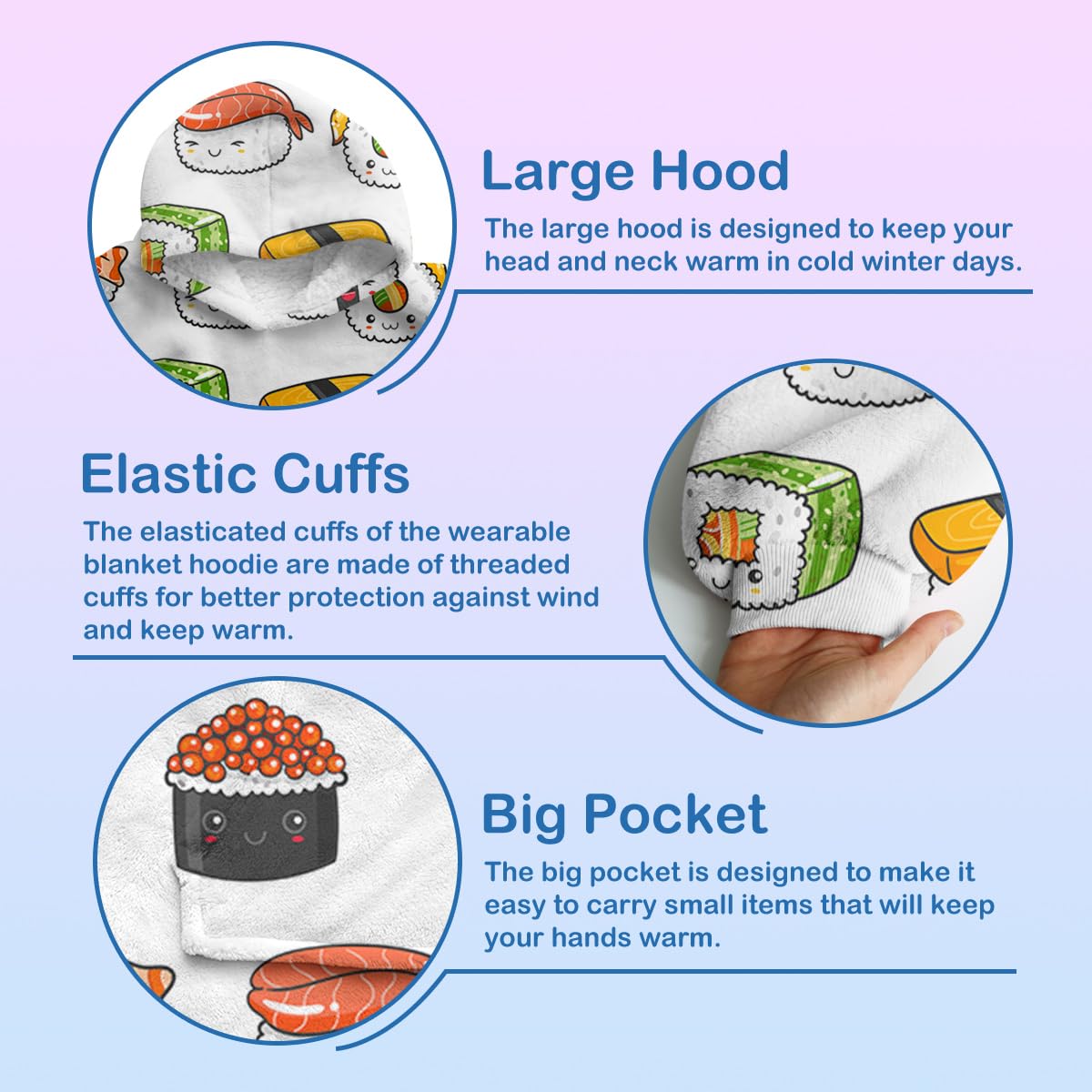 Sleepwish Sushi Hoodie Blanket - Kawaii Cartoon Sushi Print Wearable Blanket for Adults & Teens | Cozy Loungewear for Anime Fans, Sleepovers & Netflix Nights