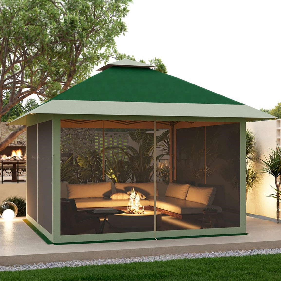 GARVEE 13'x13' Pop Up Canopy Tent with Mosquito Net - Instant Gazebo Shelter for Outdoor Camping, Beach, Backyard, Garden Parties & Picnics (Olive Green + Taupe)
