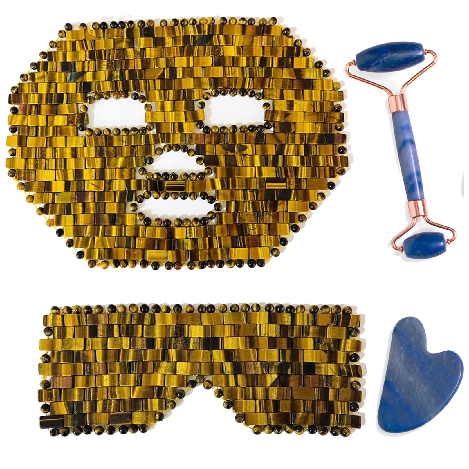 Tiger's Eye Quartz Jade Face Roller & Cold Mask Set - 4 PCS Natural Stone Beauty Tools for Puffy Eyes, Stress Relief & Skincare | Perfect for Spa, Yoga, Meditation & Home Relaxation