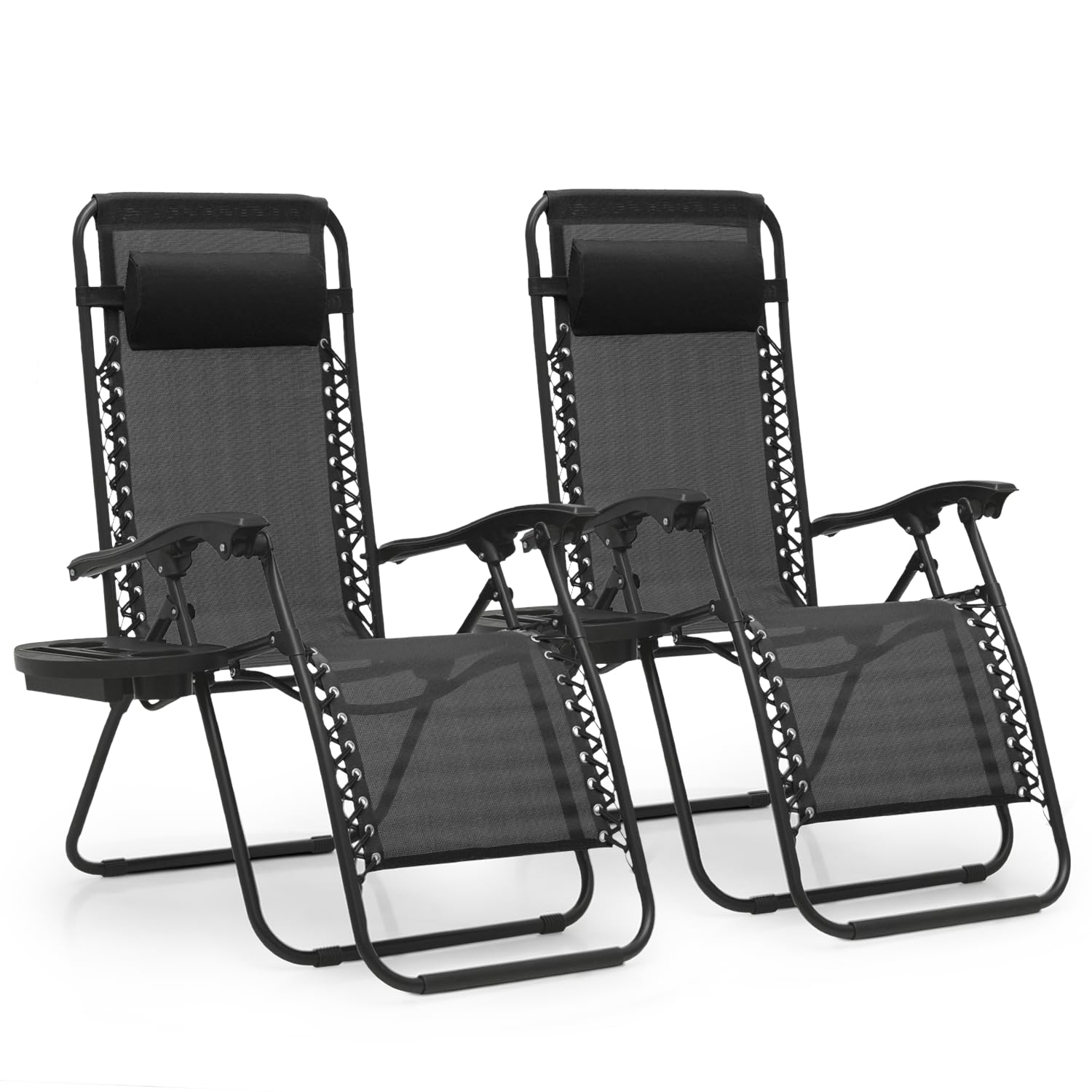 MoNiBloom Zero Gravity Chairs Set of 2 - Adjustable Outdoor Folding Patio Lounge Chairs with Headrest & Cup Holder - Heavy Duty Reclining Lawn Chairs for Backyard, Poolside, Beach, Camping (Black)
