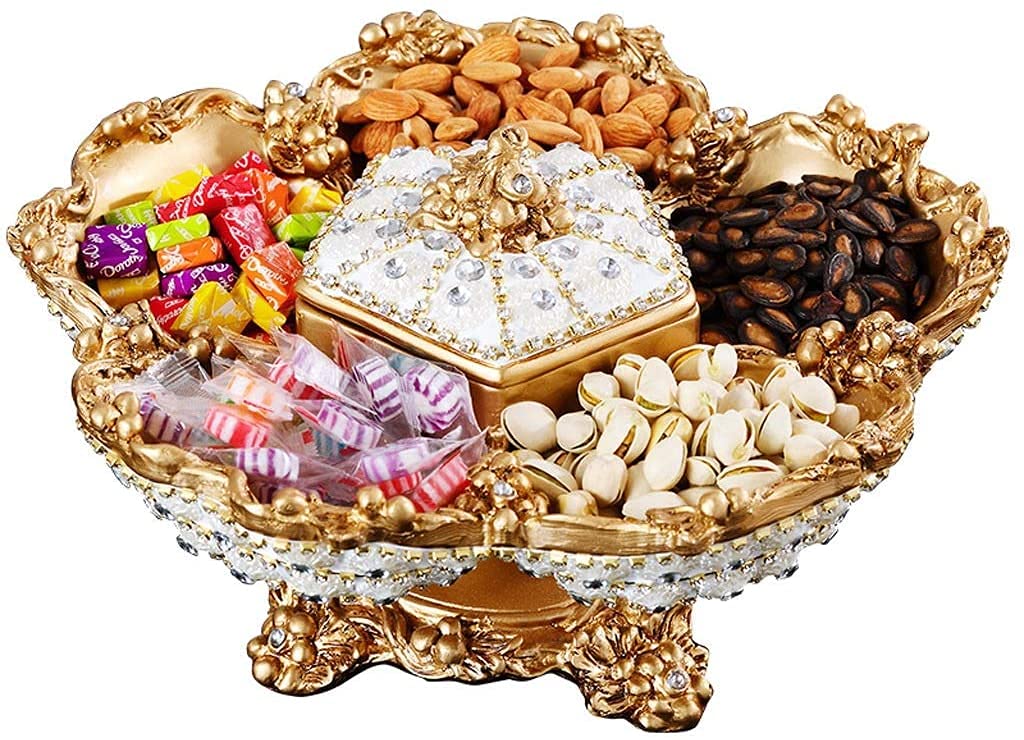 Rotating Snack Organizer with Lid - Creative Compartment Dried Fruit & Nut Storage Box, Candy Plate for Living Room | Perfect for Parties, Movie Nights & Office Snacks