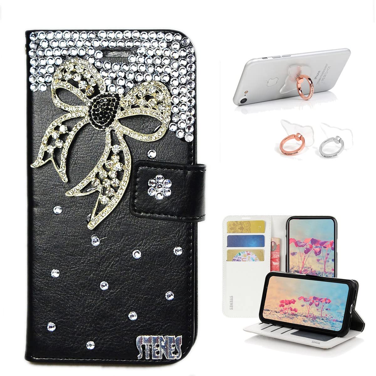 STENES Bling Wallet Case for Samsung Galaxy J7 (2018) - 3D Handmade Bowknot Leather Cover with Ring Stand Holder (2 Pack, Black) - Stylish Protective Phone Case for Women - Perfect for Daily Use, Work & Travel