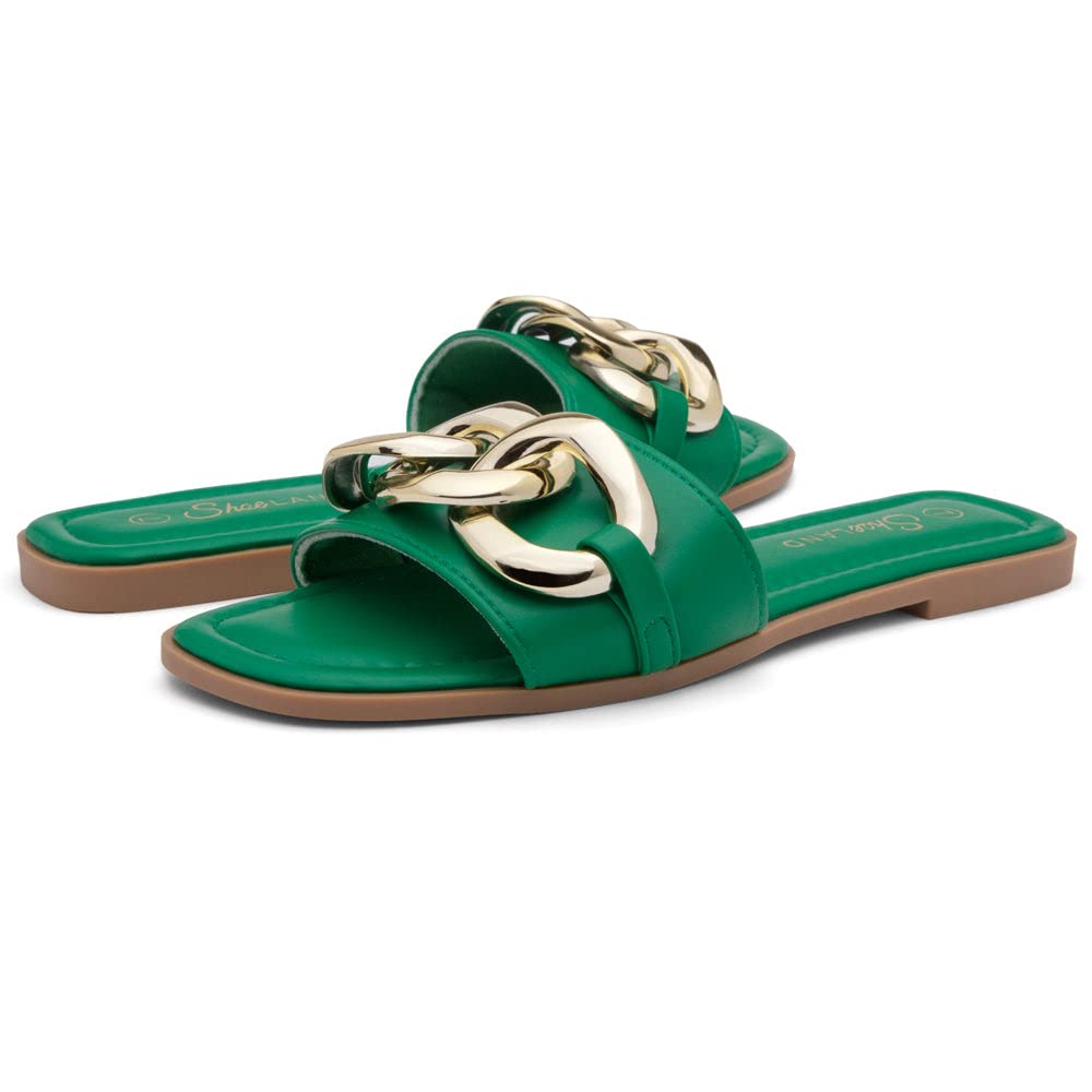 EMMA Women's Flat Sandals - Square Open Toe Single Band Slides with Metal Chain | Comfortable Cushioned Footbed Slip-On Slippers for Summer, Beach, Vacation & Daily Wear | Casual & Dressy Outfits