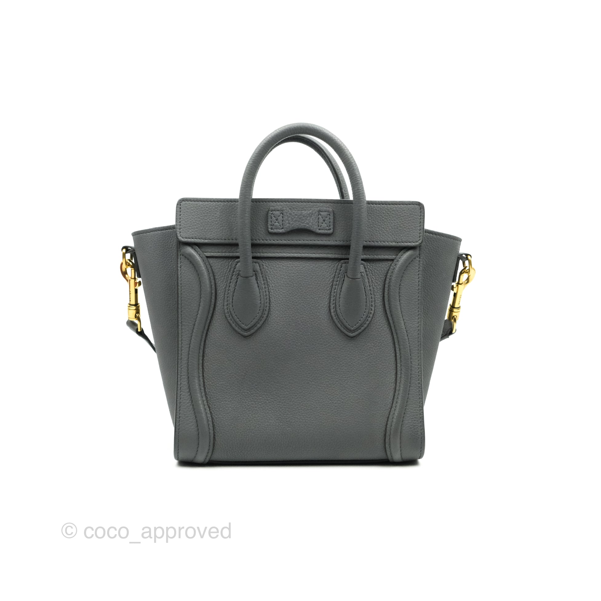 Celine Nano Luggage Bag in Grey Grained Calfskin with Gold Hardware - Perfect for Work, Travel & Everyday Luxury