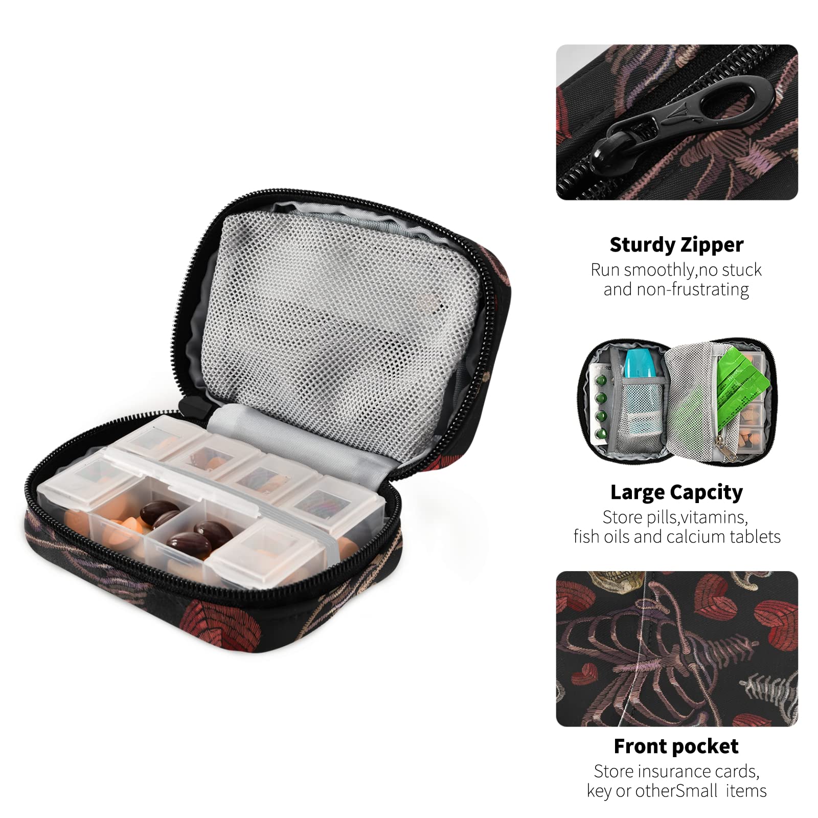 Red Heart Skull Gothic Love 7-Day Pill Organizer - Weekly Travel Pill Case with Zipper, Compact Vitamin Supplement Holder for Women & Men - Perfect for Daily Medication, Travel Essentials & Purse Organization
