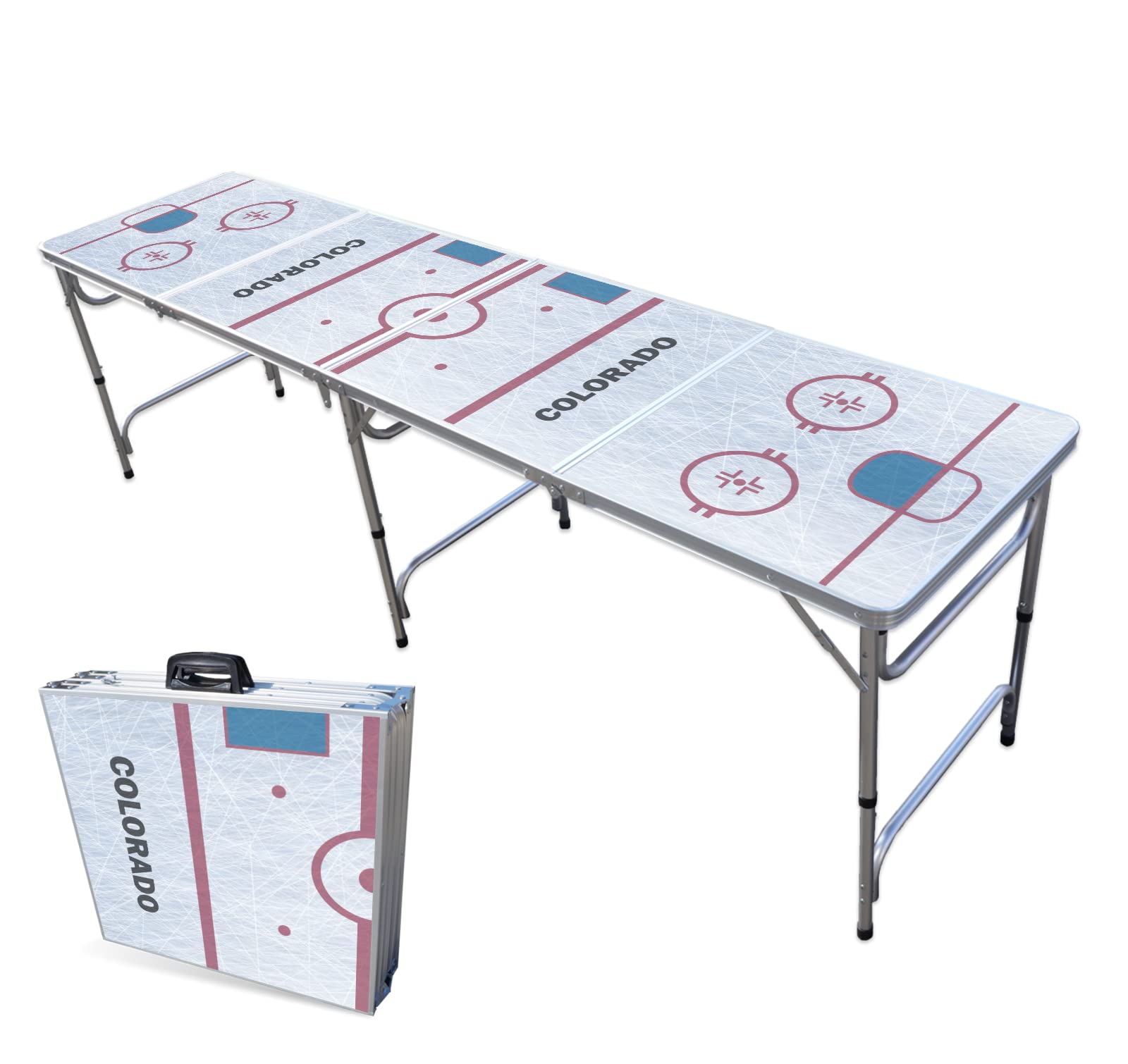 8-Foot Folding Portable Beer Pong Table with LED Lights & Optional Cup Holders - Colorado Hockey Rink Design for Outdoor Parties, Tailgates & Game Nights (Multiple Models Available)