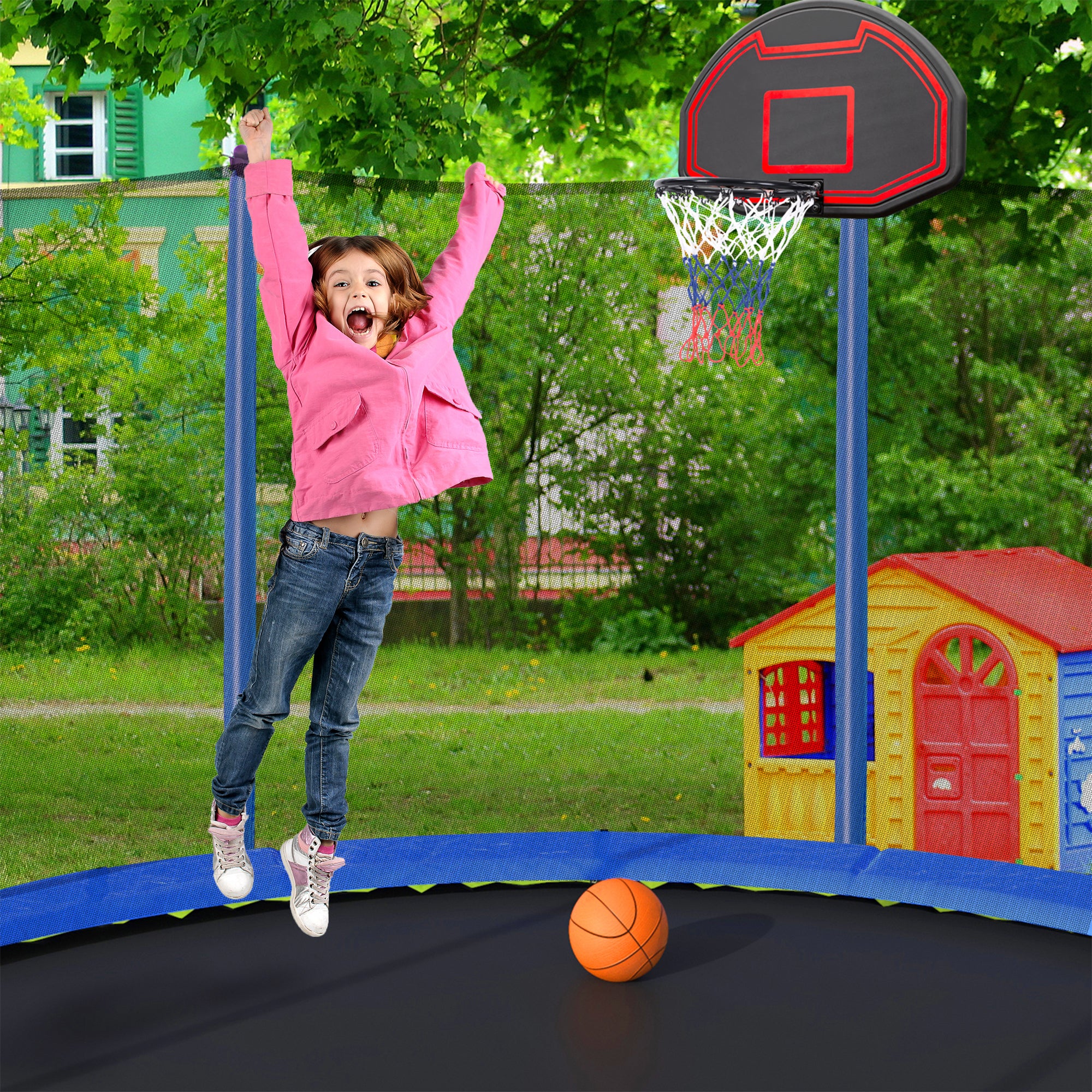 15FT Trampoline with Basketball Hoop, Air Pump, and Safety Ladder - Blue | Outdoor Backyard Fun for Kids & Adults | Perfect for Exercise, Play, and Family Bonding
