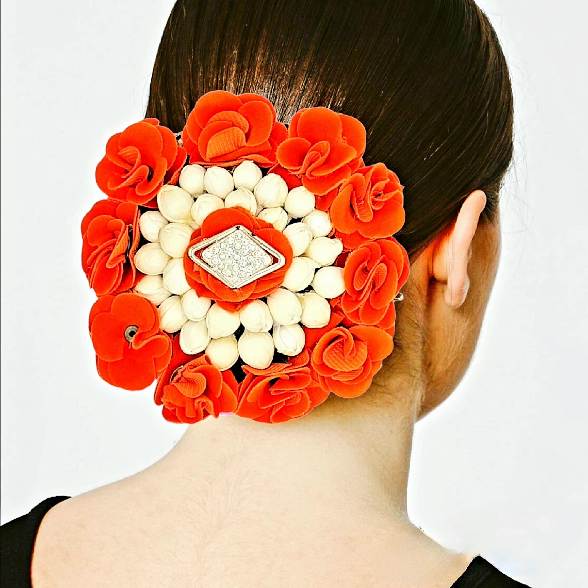 Orange & White Artificial Flower Gajra Hair Accessories - Full Bun Juda Maker with Rubber Band for Women & Girls - Perfect for Weddings, Parties & Festivals