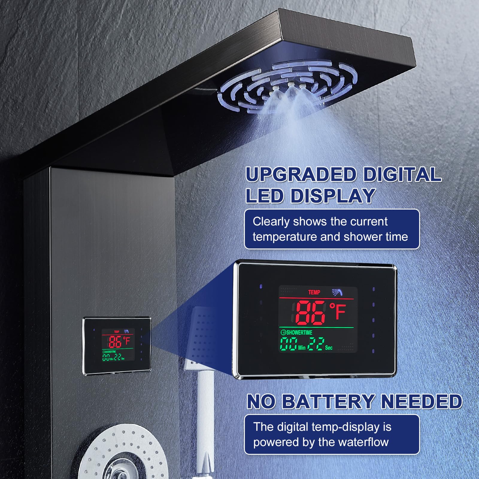 ROVATE 6-in-1 LED Shower Panel Tower System with Rainfall Shower Head, Body Jets, Handheld Spray & Digital Temperature Display - High Pressure Black Shower Column with Tub Spout for Luxury Bathroom Renovation & Spa Experience