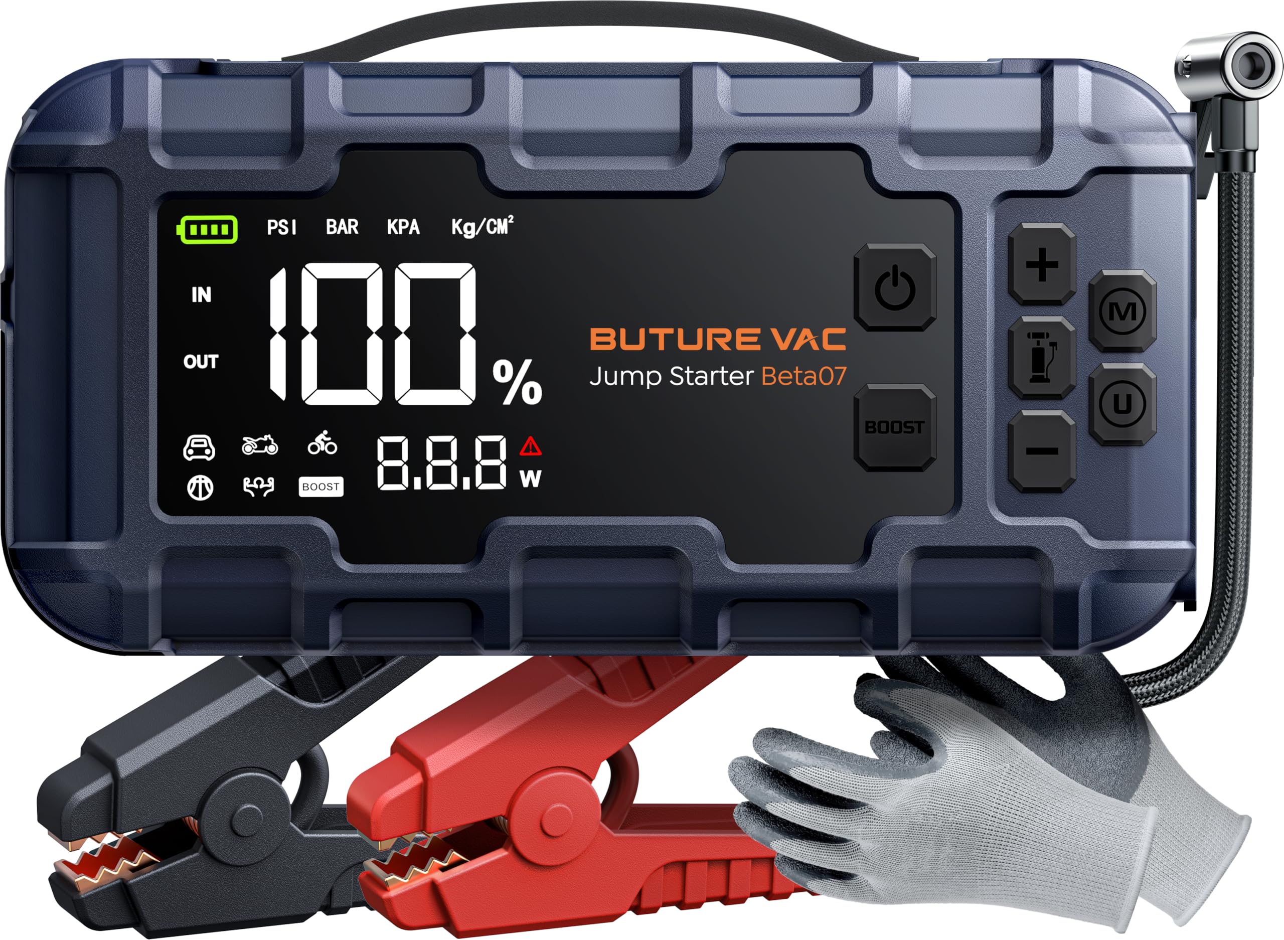 BUTUREVAC 10-in-1 8000A Car Battery Jump Starter with Air Compressor (160PSI) & 45W Fast Charger - Portable Power Pack for All Gas & 14L Diesel Vehicles - Includes Jumper Cables, LED Lights & Safety Gloves - Emergency Roadside Assistance & Camping Power Supply