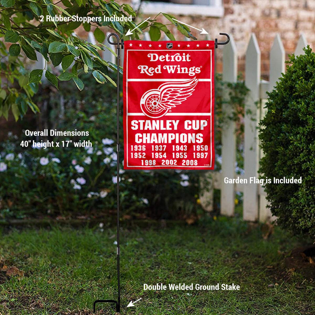 Detroit Red Wings 11-Time Champions Garden Flag with Pole Stand - Perfect for NHL Fan Yards, Sports Decor & Hockey Team Pride