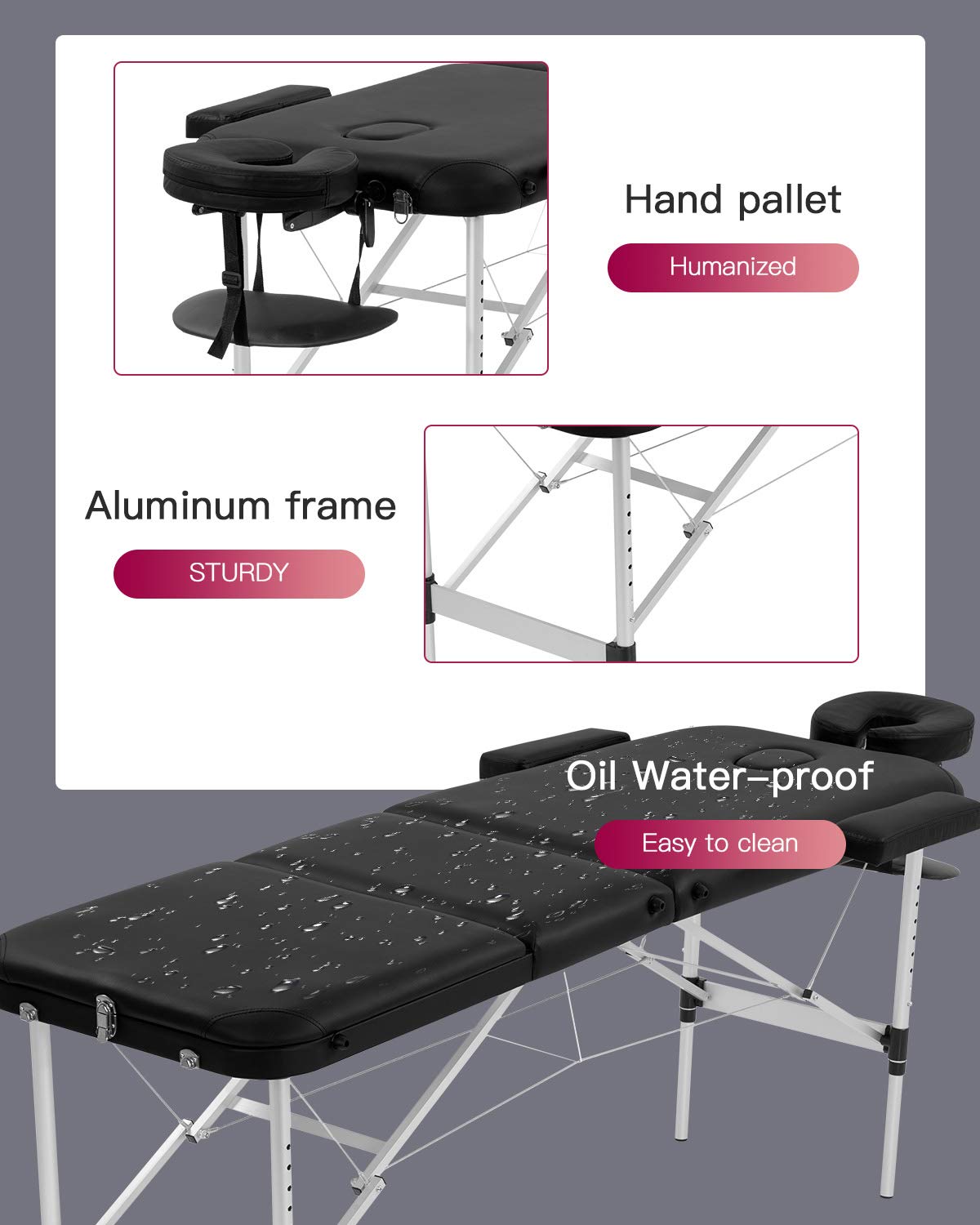 Adjustable 3-Folding Aluminum Massage Table - 73 Inch Portable Spa Bed with PU Leather & Face Cradle - Professional Salon, Beauty, Physical Therapy, Facial & Tattoo Use - Includes Carry Case for Easy Transport