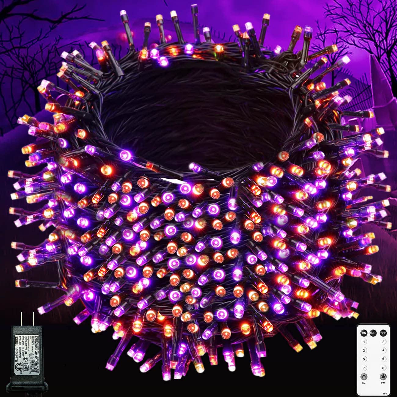 Kolpop 121.4FT Orange & Purple Halloween LED String Lights - 320 Dimmable Bulbs with Remote, 8 Modes & Timer - Waterproof Outdoor Decor for Party, Home, Yard, Garden - Perfect for Halloween Night, Porch Decorations & Spooky Atmosphere