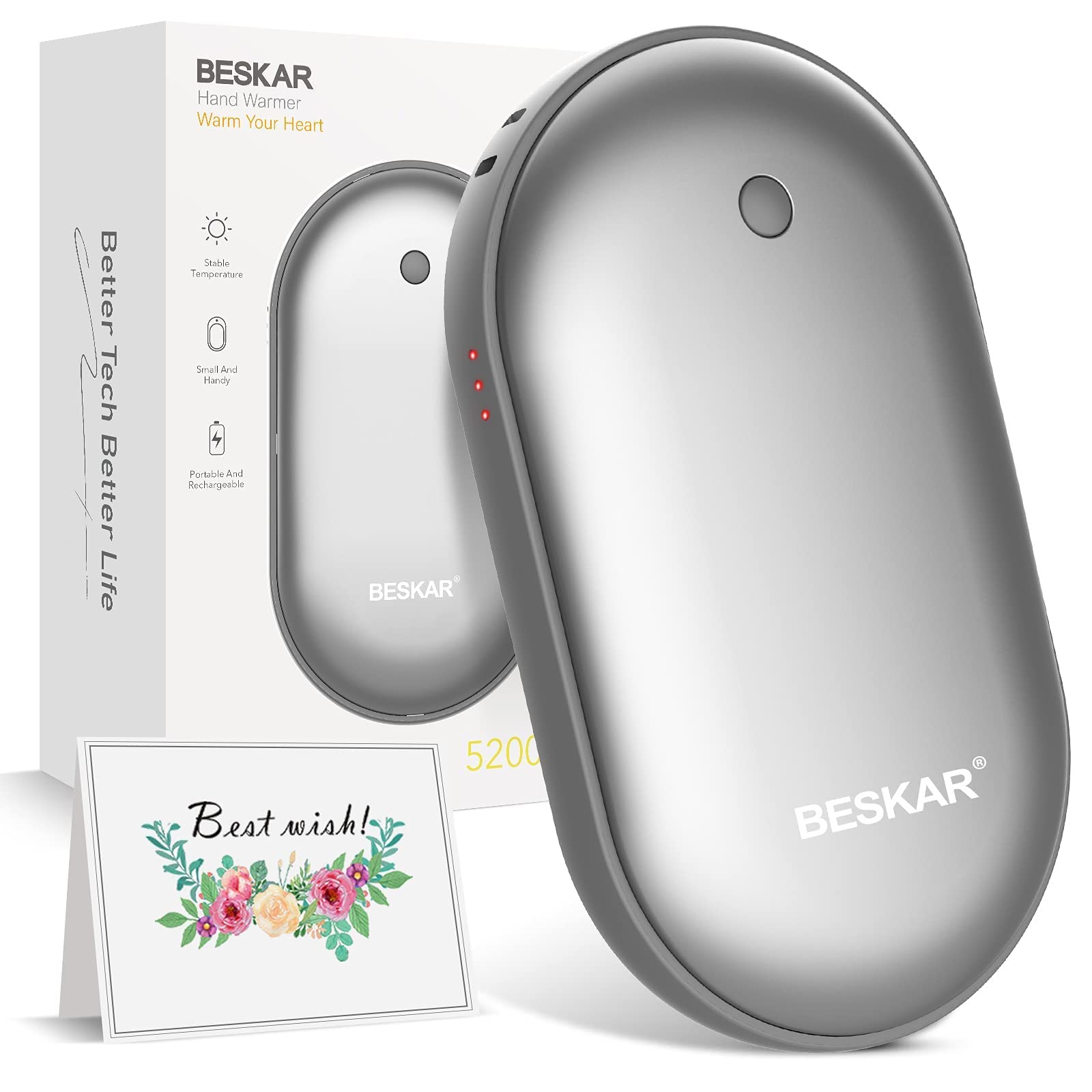 BESKAR Rechargeable Electric Hand Warmer 2 Pack - Portable Hand Warmers for Winter, Outdoor Activities, Camping & Hiking