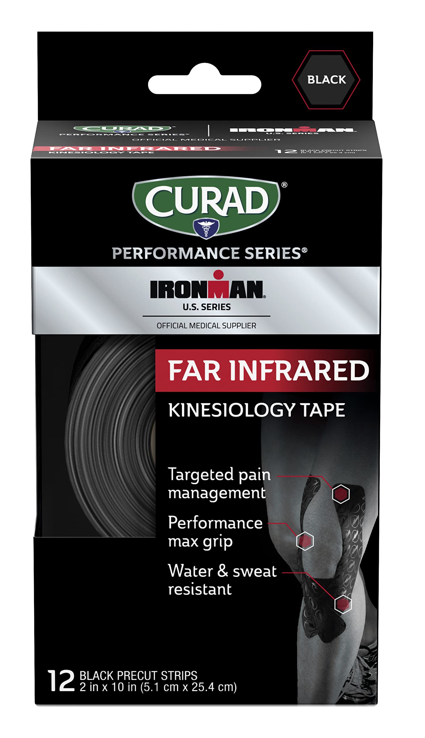 Curad Performance Series Far Infrared Kinesiology Tape - Black | Muscle Support & Pain Relief for Athletes | Ideal for Sports, Workouts & Injury Recovery