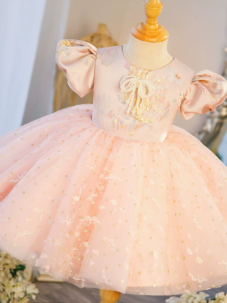 Pink Princess Round Tea Length Satin Flower Girl Dress for Weddings, Birthday Parties & Special Occasions