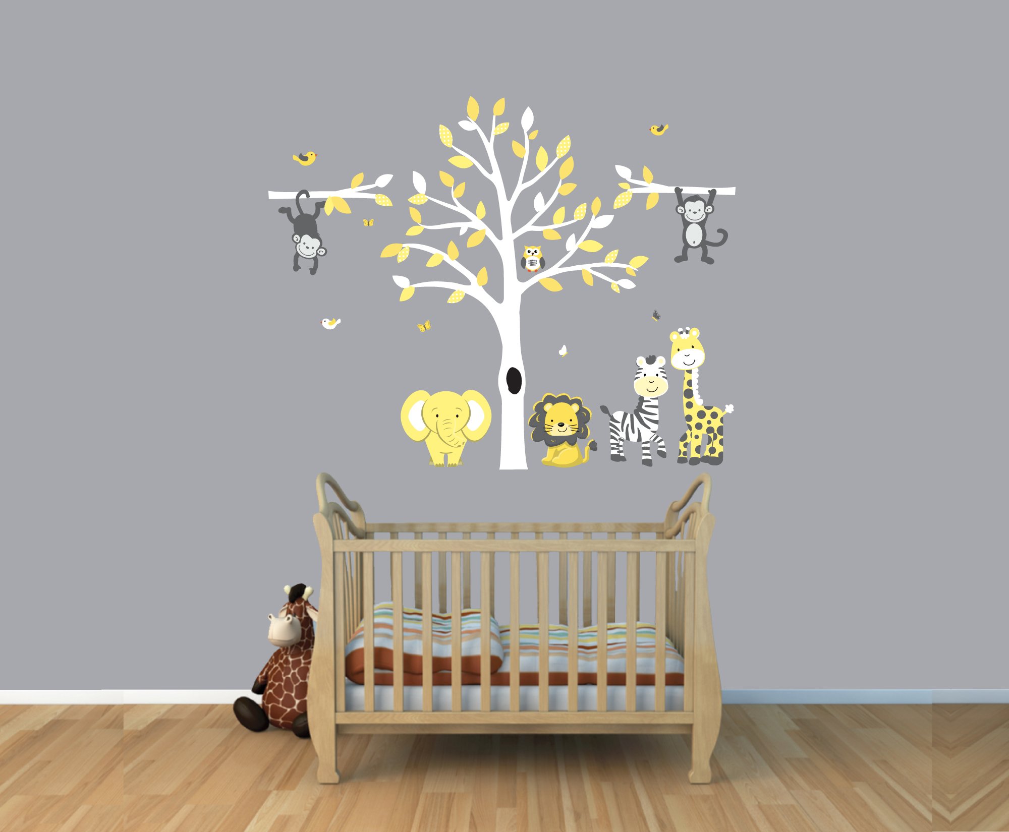 Yellow & Gray Mini Safari Nursery Wall Decal with Animal Stickers - Perfect for Baby Room Decor, Kids Bedroom, Playroom & Nursery Wall Art