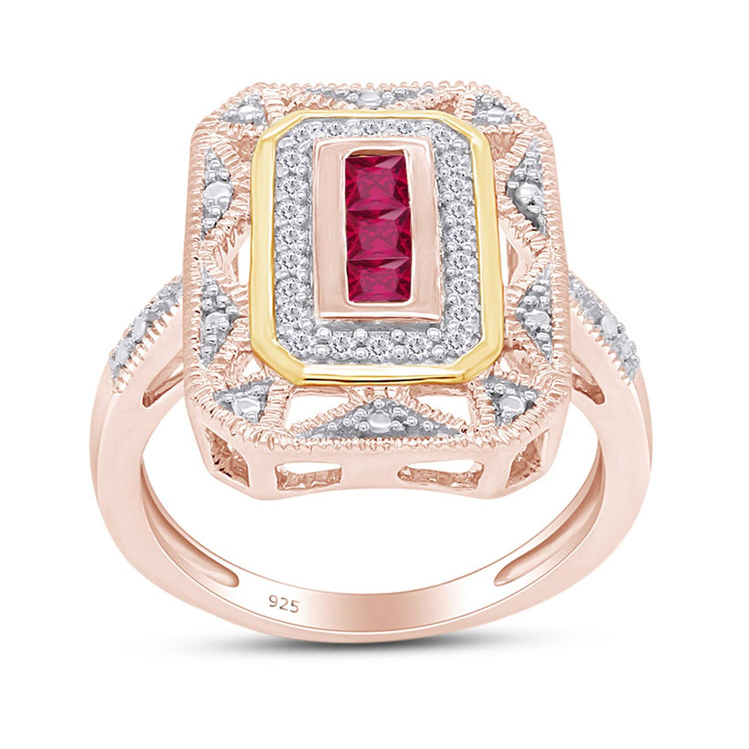 Sterling Silver Art Deco Style Ring with Created Ruby and White Natural Diamond Accents - Elegant Jewelry for Weddings, Parties & Special Occasions