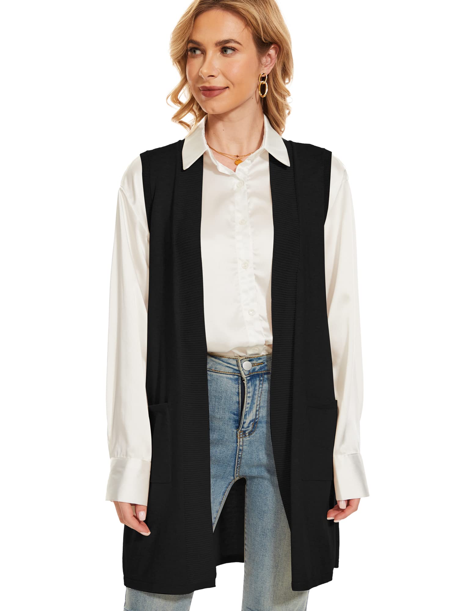 Women's Moss Rose Long Vest - Sleeveless Lightweight Open Front Cardigan with Ribbed Knit & Pockets | Perfect for Layering, Office Wear & Casual Outfits