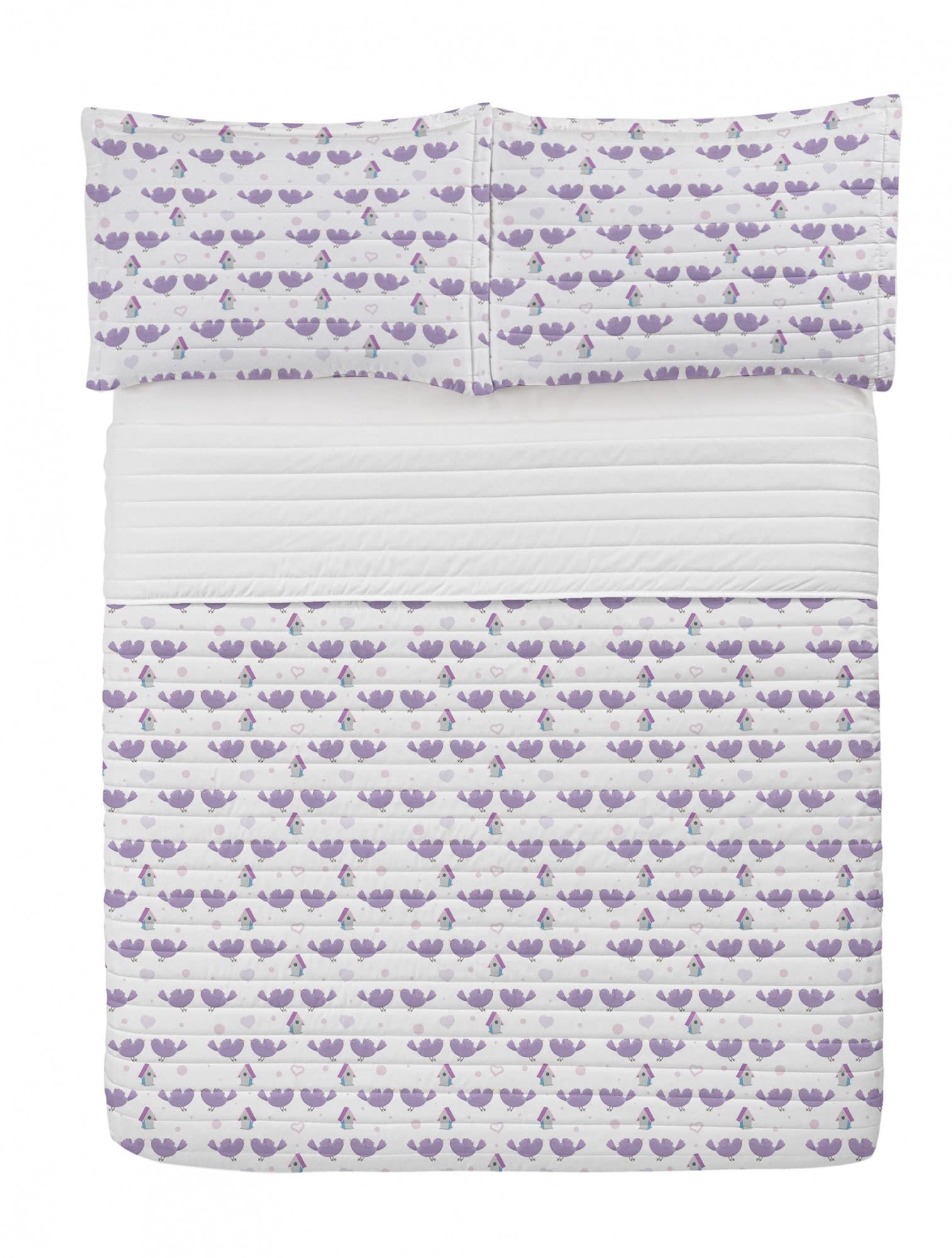 Ambesonne Birds Nest Microfiber Bedspread Set - Cartoon Pastel Winged Animals Hearts Houses Pattern, Soft Twin Size Bedding with Pillow Sham & Comforter in Pale Lilac White | Perfect for Kids' Rooms, Nursery Decor & Cozy Bedroom Makeovers