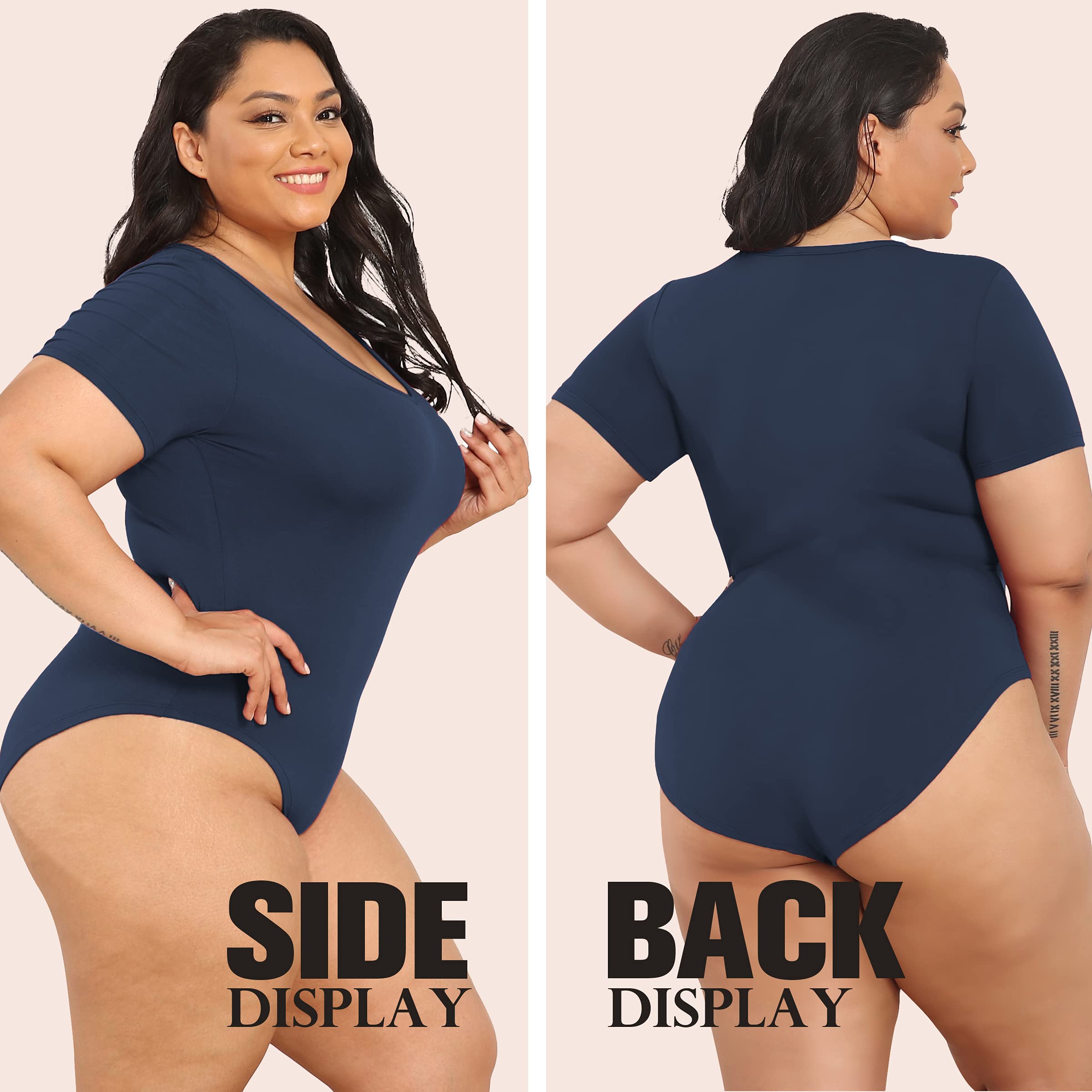 **Poseshe Women's Plus Size V-Neck Short Sleeve Bodysuit – Casual Basic T-Shirt Top for Everyday Wear | Perfect for Layering, Work, or Weekend Outfits**