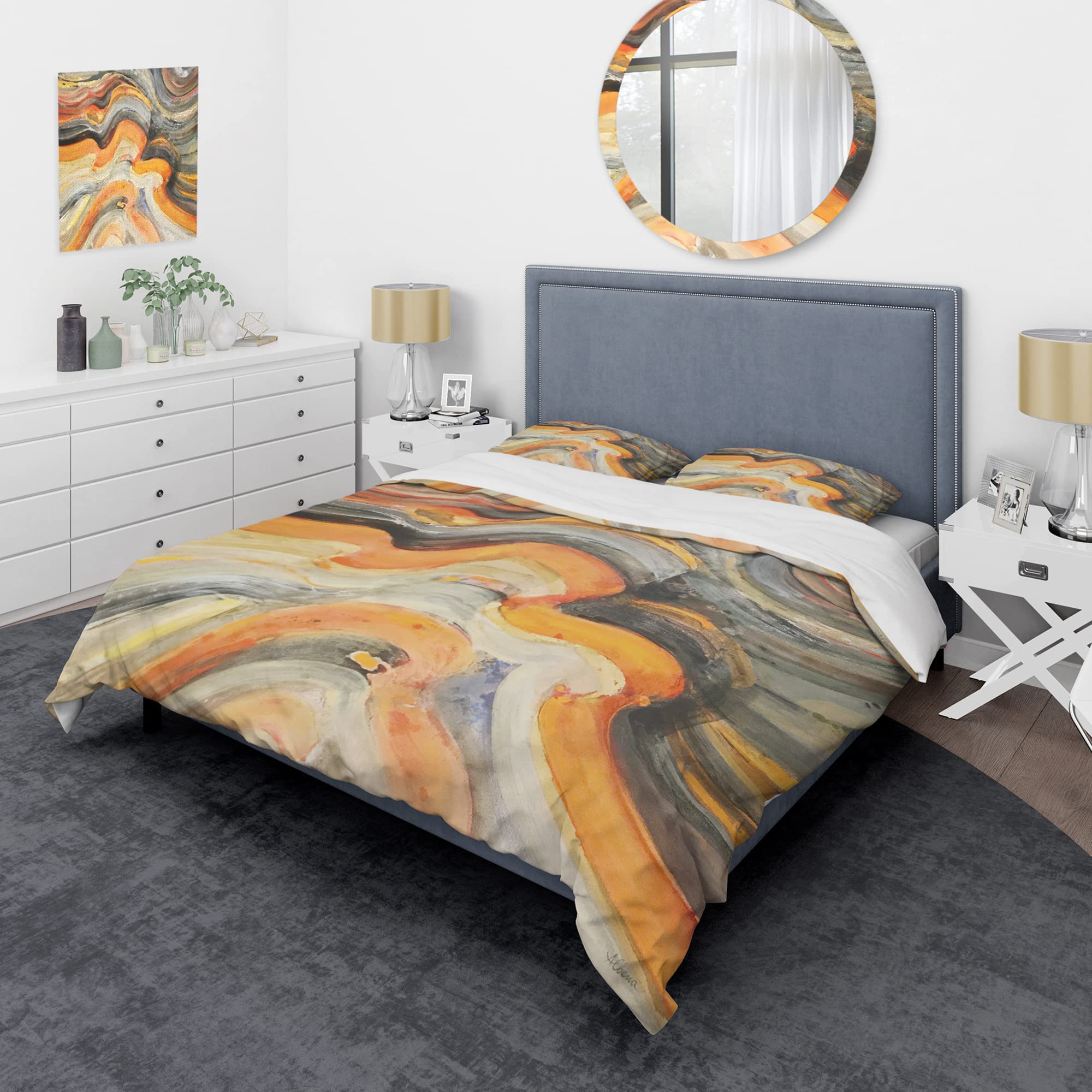 DesignQ Abstract Gilded Orange Waves Modern Duvet Cover Set - Queen Size Gold Bedding Set with 3 Pieces (Duvet Cover + 2 Pillowcases) - Contemporary All-Season Luxury Bedding for Master Bedroom, Guest Room & Hotel Decor