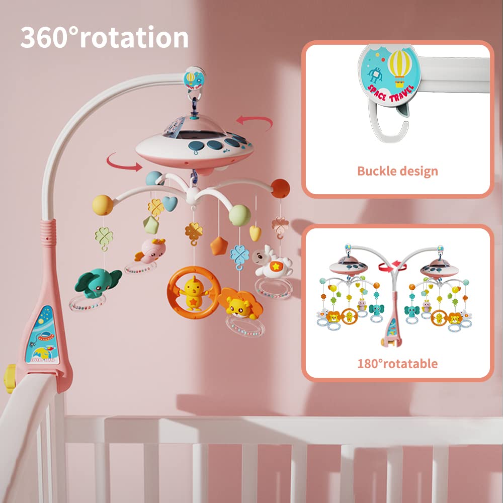 Baby Musical Crib Mobile with Night Light & Soothing Music - Rotating Animal Rattles, Star Projection, Remote Control - Newborn Nursery Toy for Boys & Girls (Pink) | Perfect for Bedtime, Nursery Decor & Infant Sensory Development