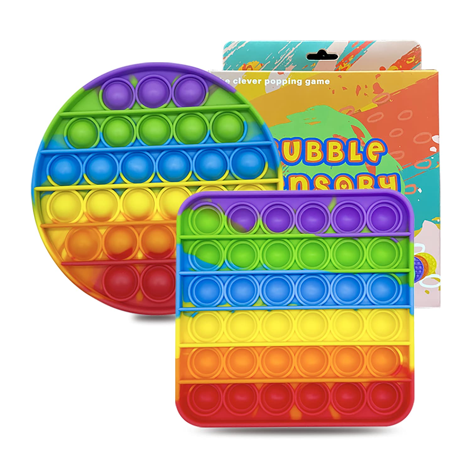 2 Pack Rainbow Pop Fidget Sensory Toys - Stress Relief Anxiety Toys for Kids & Adults with ADD/ADHD - Push Bubble Popper Fidget Game for Classroom, Office & Travel - Fun Sensory Stress Reducer for Focus & Relaxation