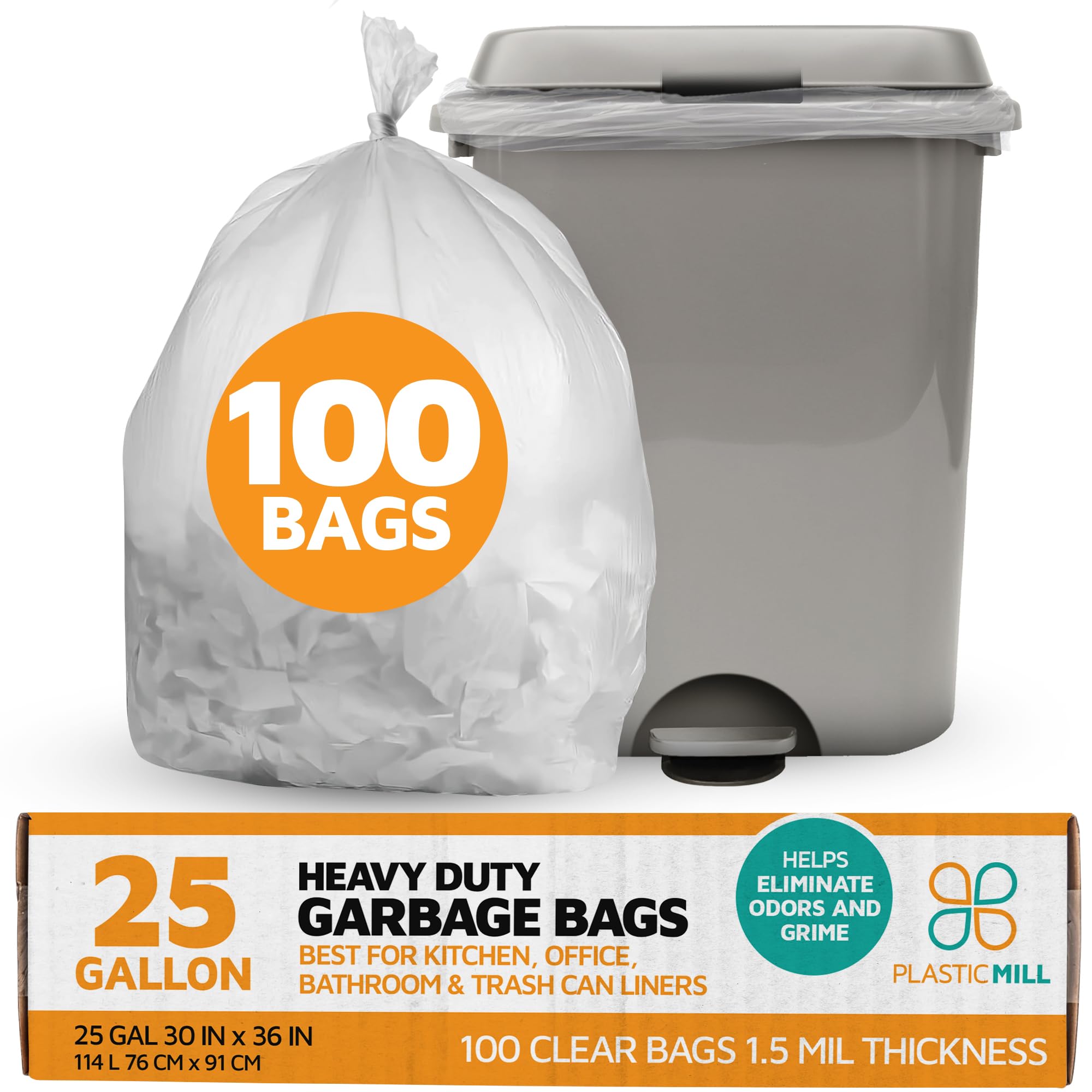 PlasticMill Heavy Duty Trash Bags - 20-30 Gallon Clear Kitchen Garbage Bags, 1.5 Mil Thick, 30
