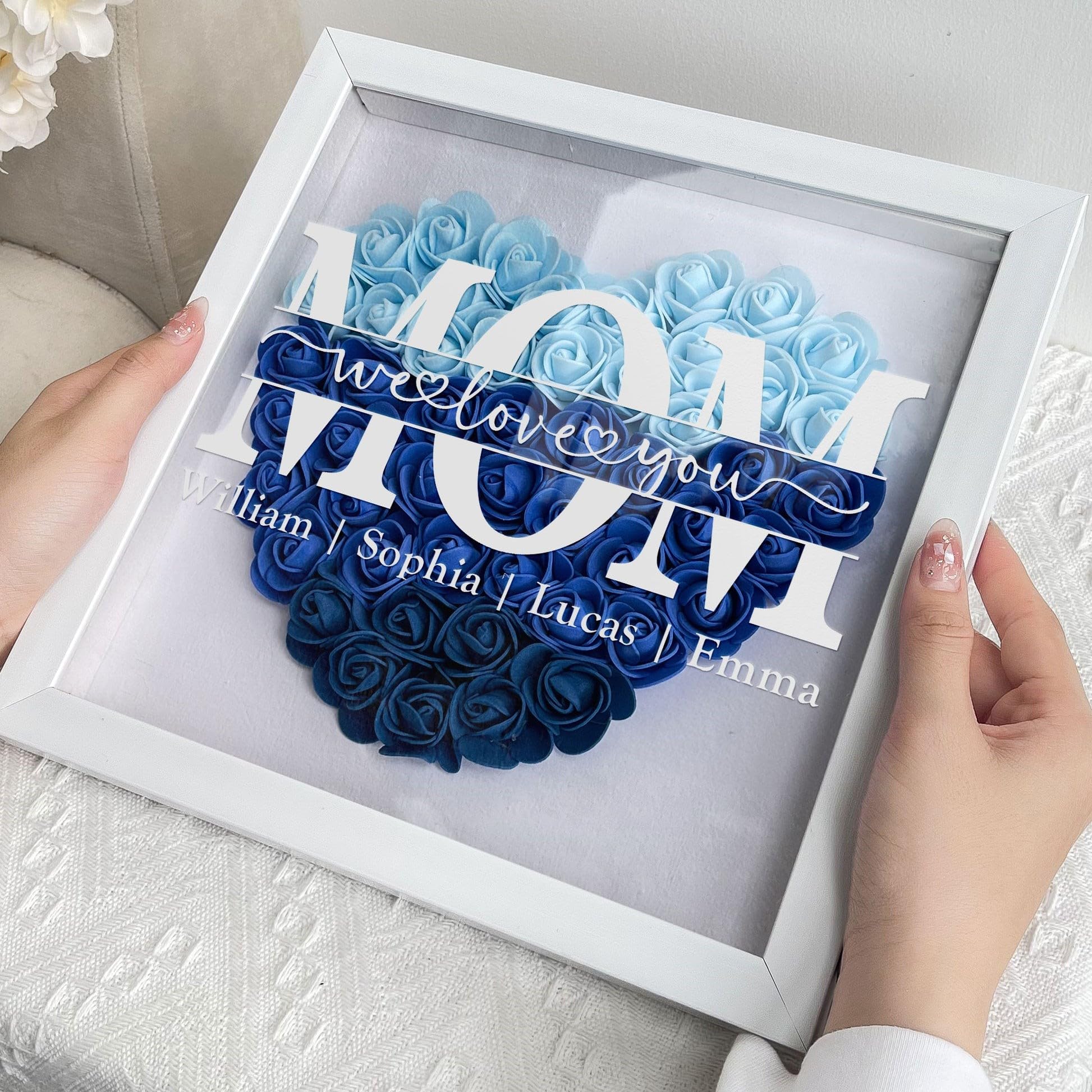 Personalized Heart Shaped Flower Shadow Box - Custom Name Frame for Mom, Grandma & Family - Mother's Day, Valentine's Day, Anniversary & Birthday Gift (10x10in/25x25cm) - Perfect for Home Decor, Nursery Wall Art & Sentimental Keepsakes