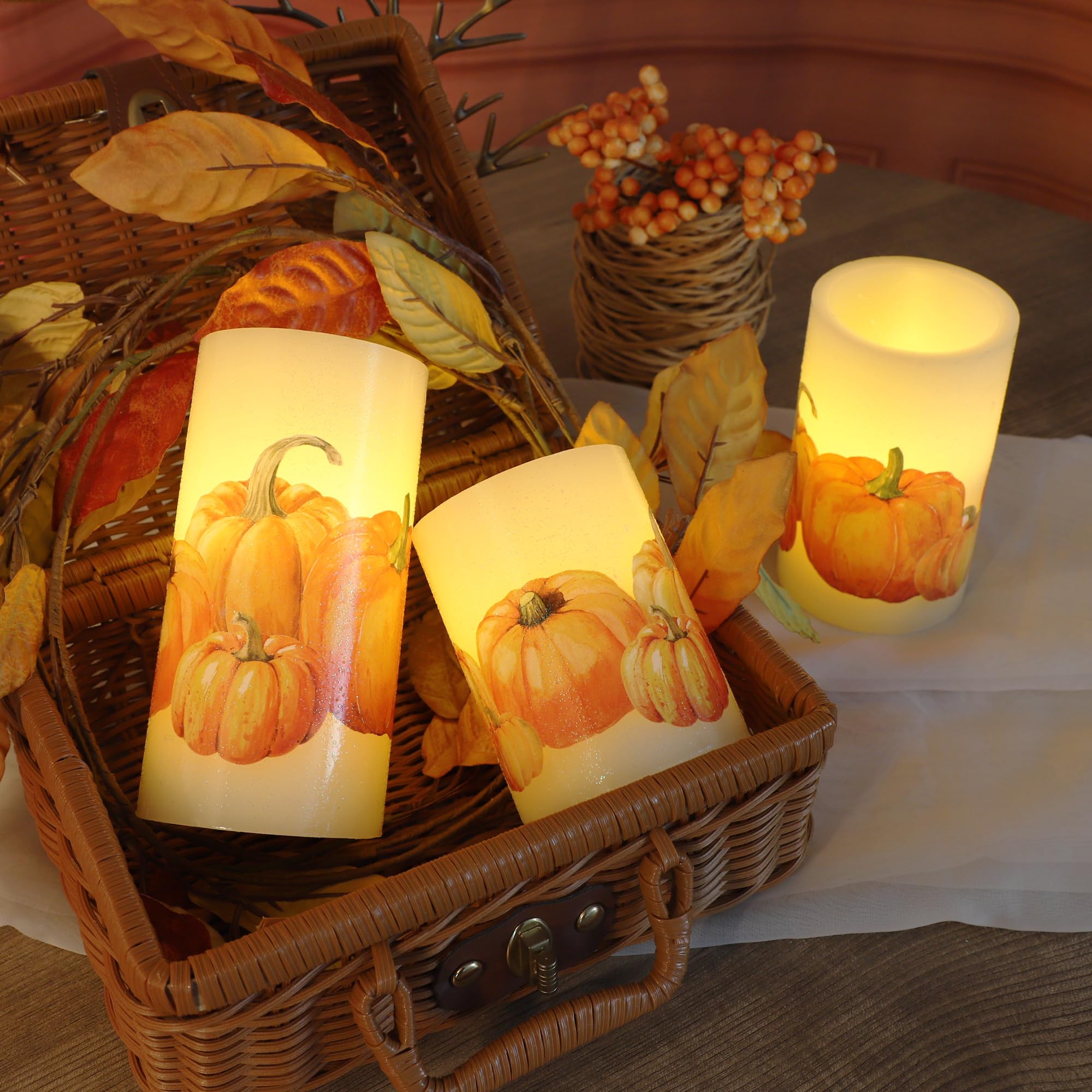 Impress Life Fall Harvest Pumpkin Flameless LED Candles - 3 Pack Realistic Flickering Candles with Remote & Timer for Halloween, Thanksgiving, Home Decor | Perfect for Bedroom, Dining Table, and Party Centerpieces