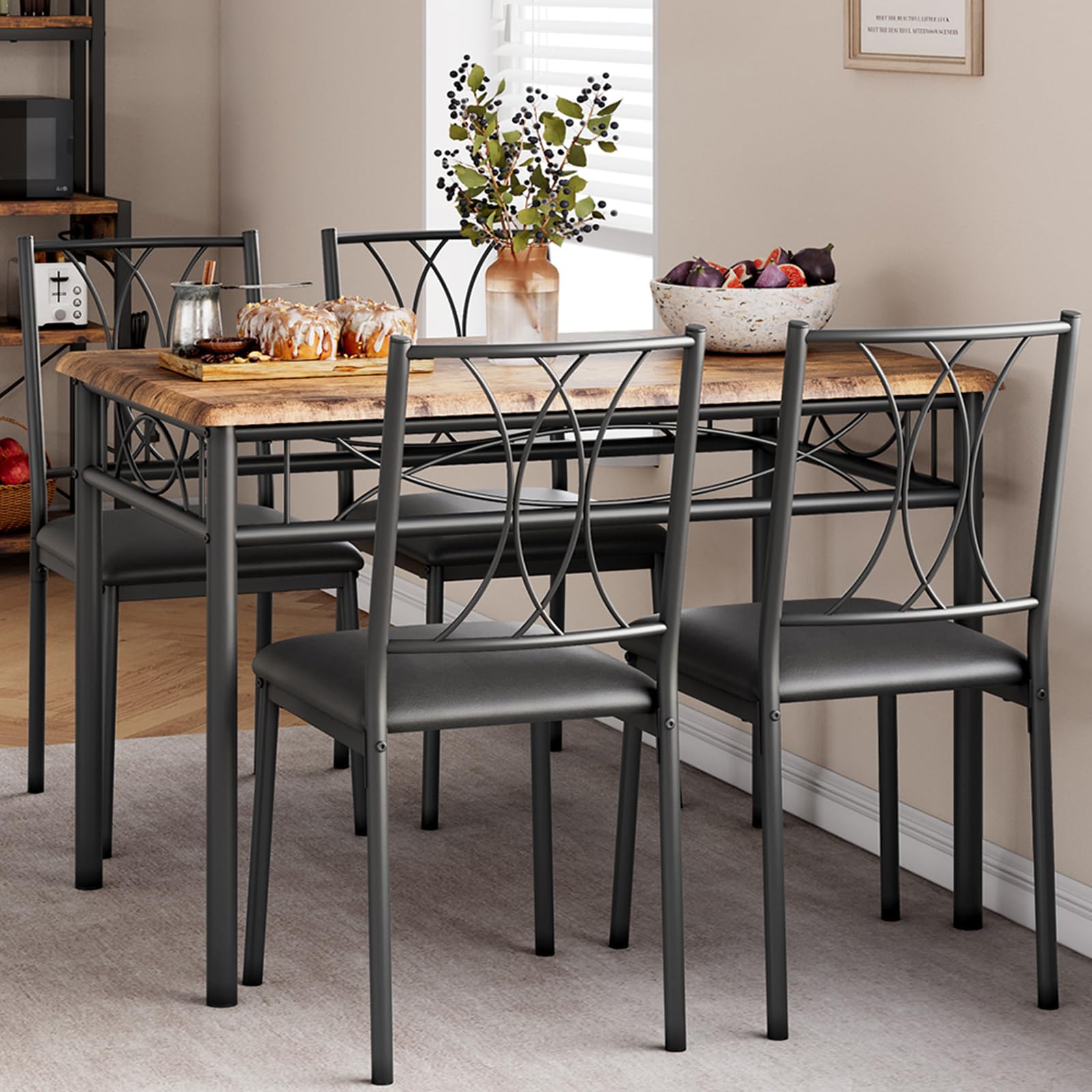 5-Piece Retro Brown Dining Table Set for 4 - Rectangular Kitchen Table with Upholstered Chairs - Perfect for Small Spaces & Apartments | Ideal for Family Meals, Breakfast Nooks & Compact Dining Areas
