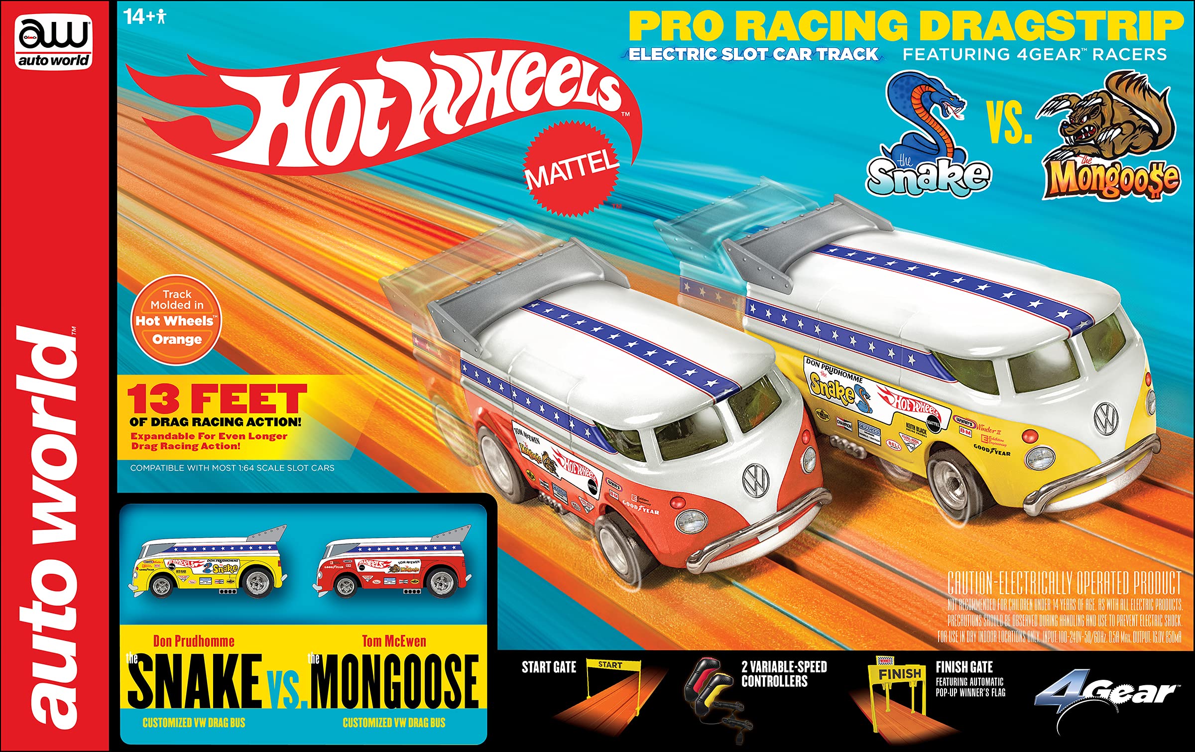 Auto World 13' Hot Wheels Snake vs Mongoose Manual Slot Drag Racing Set HO Scale - Perfect for Collectors & Slot Car Racing Enthusiasts