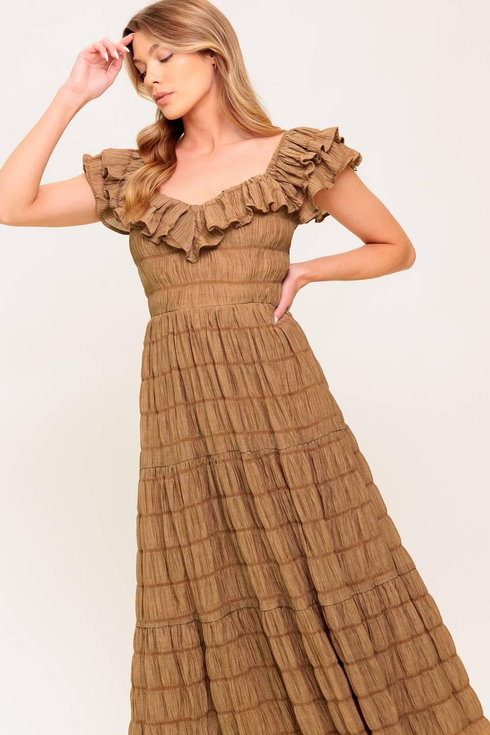 Natural Balance Brown Shirred Midi Dress - Elegant & Comfortable Casual Wear for Women | Perfect for Brunch, Office & Date Nights