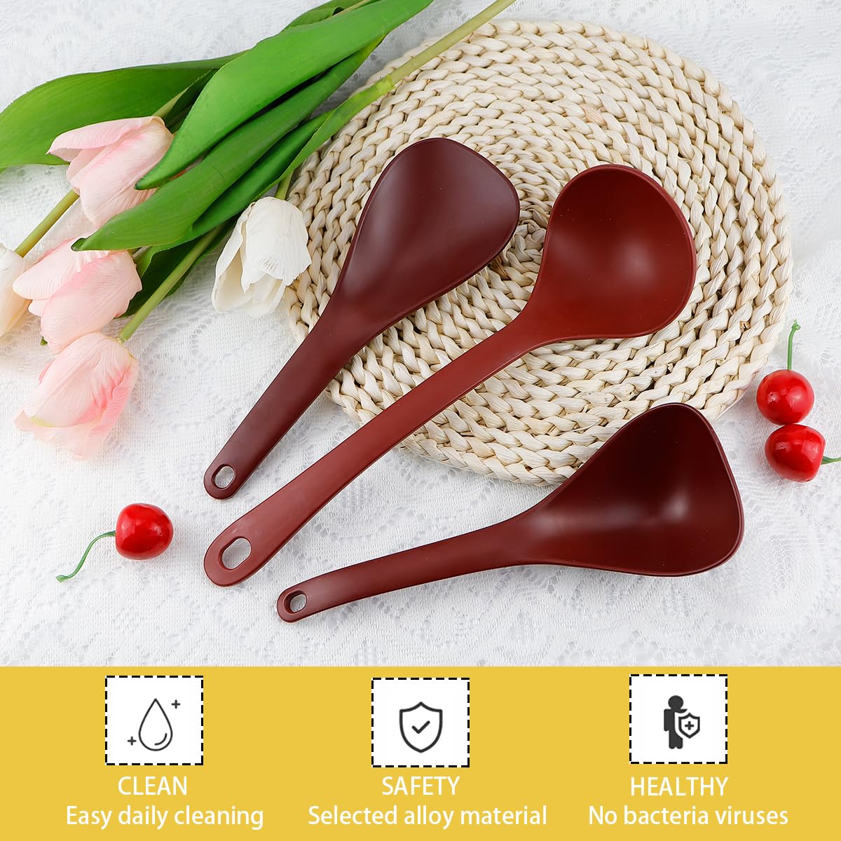 DOERDO 3-Piece Non-Stick Rice Paddle Set - Heat-Resistant Cooking Spoon for Rice, Soup & Potatoes - Perfect for Kitchen, Serving & Meal Prep (Red)