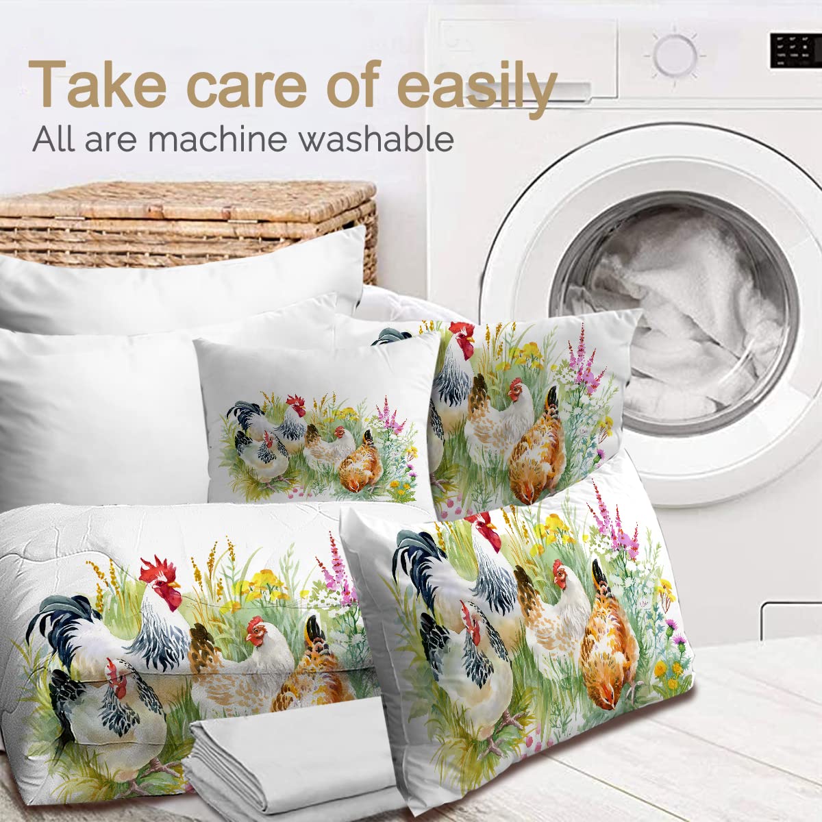 BlessLiving Farmhouse Chicken and Rooster Comforter Set - 8 Piece Full Bed in a Bag with Lightweight Comforter, Sheets, Pillowcases, Shams & Cushion Cover | Shabby Chic Bedding for Country Style Bedrooms, Guest Rooms & Farmhouse Decor