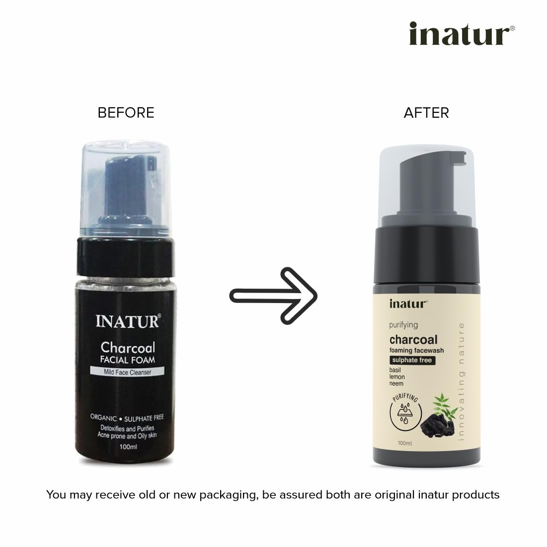 inatur Purifying Charcoal Foaming Face Wash for Acne Prone Skin - Oil Control & Deep Cleansing Facial Cleanser - Detoxifying & Pore Minimizing Formula - Sulfate-Free, Soothing & Nourishing Daily Face Wash (100ml) - Perfect for Morning & Night Skincare Routine