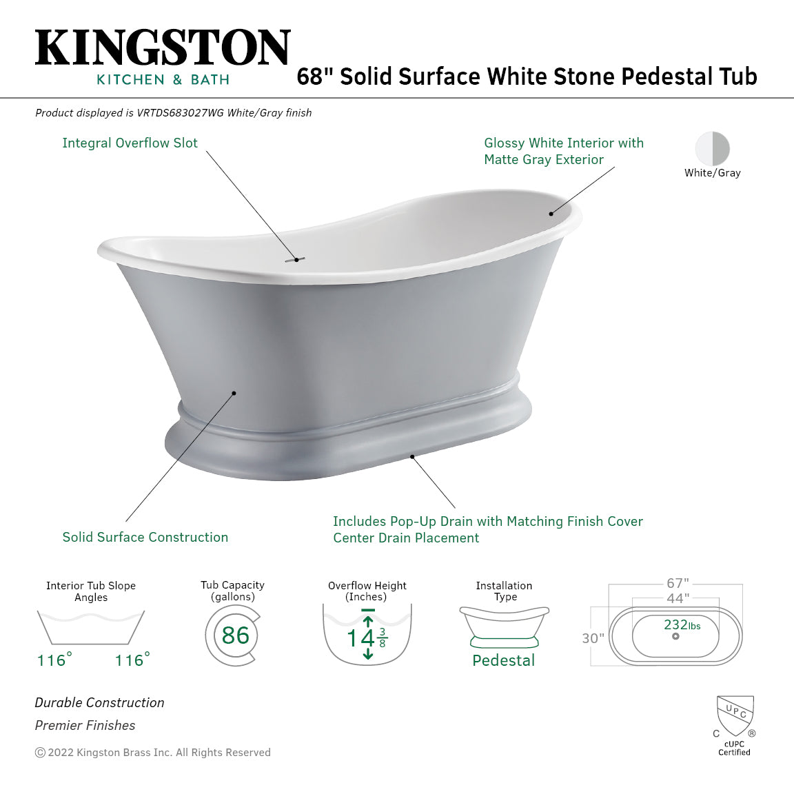 Arcticstone 68 Inch Solid Surface Oval Double Slipper Pedestal Bathtub - Matte Gray/Glossy White Freestanding Soaking Tub with Drain (No Faucet Holes) | Perfect for Luxury Bathrooms, Spa Retreats & Master Suite Relaxation