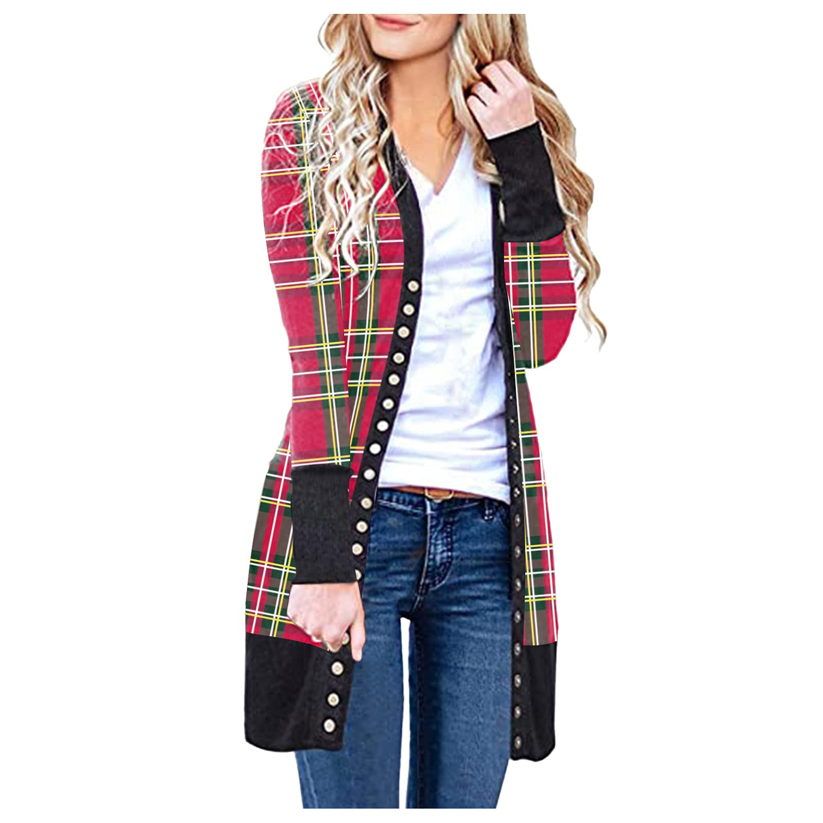 Lovor Women's Long Sleeve Snap Button Cardigan - Ribbed Neckline Knit Sweater, Red Plaid Christmas Coat | Cozy Winter Fashion for Holiday Parties & Office Wear