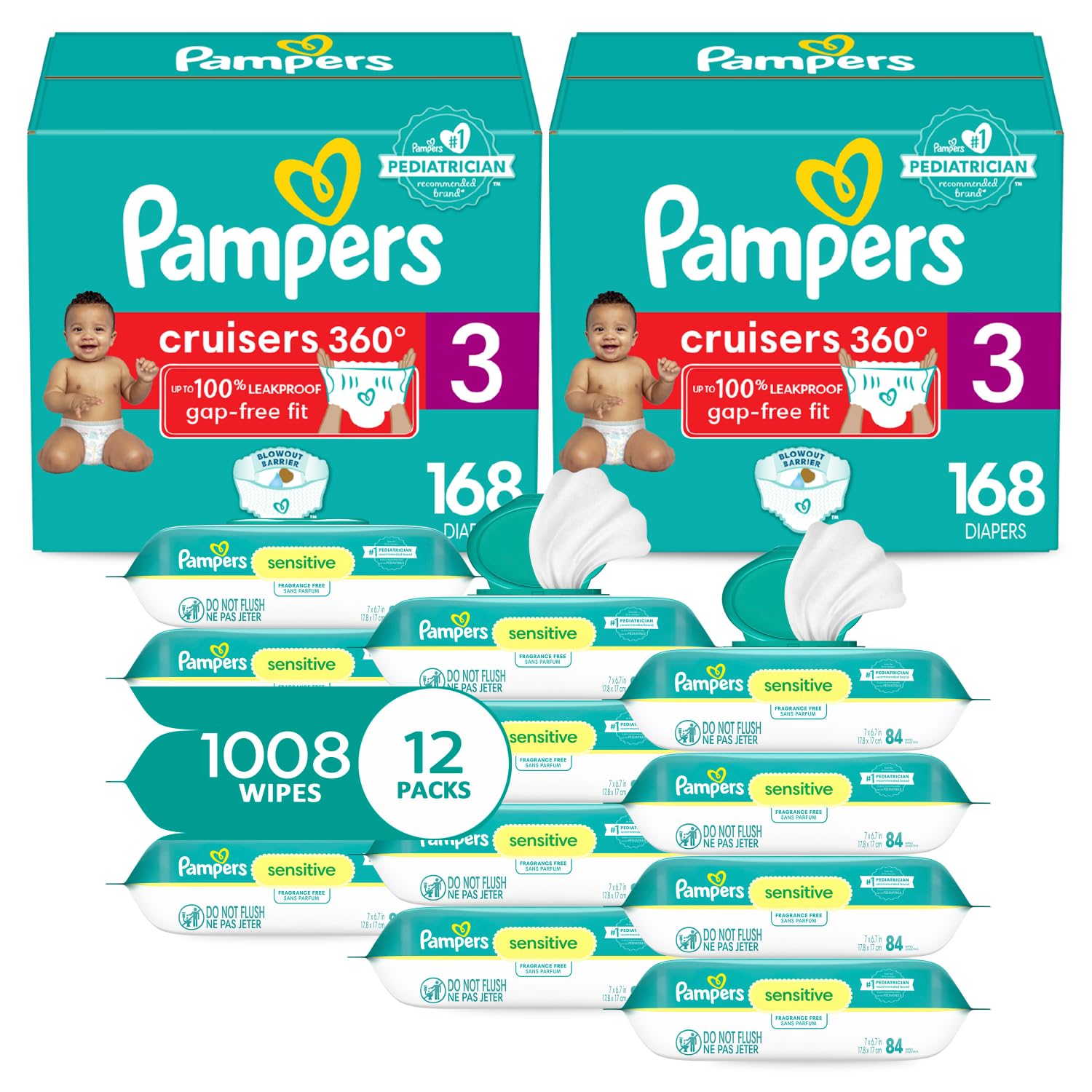 Pampers Pull-On Cruisers 360° Fit Disposable Baby Diapers - Size 3 (2 x 168 Count) | 2 Months Supply | Hypoallergenic Sensitive Water-Based Baby Wipes (12X Multi-Pack, 1008 Count) | Perfect for Overnight Protection & Active Toddlers