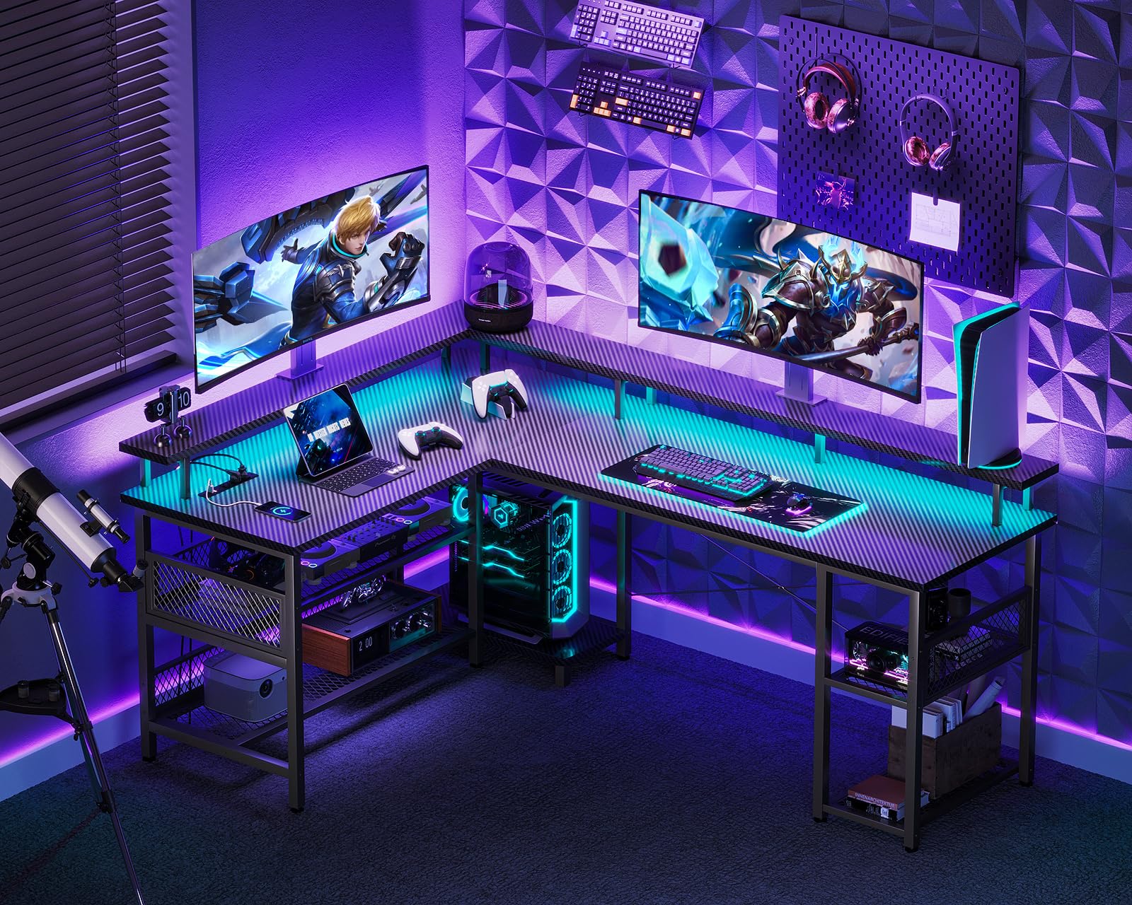 ODK 66 Inch L-Shaped Gaming Desk with Power Outlet & LED Lights - Carbon Fiber Texture PC Computer Desk, Reversible L-Shape Design with Storage Shelves & Monitor Stand - Perfect for Home Office, Streaming Setup & Gaming Battlestation (Black)