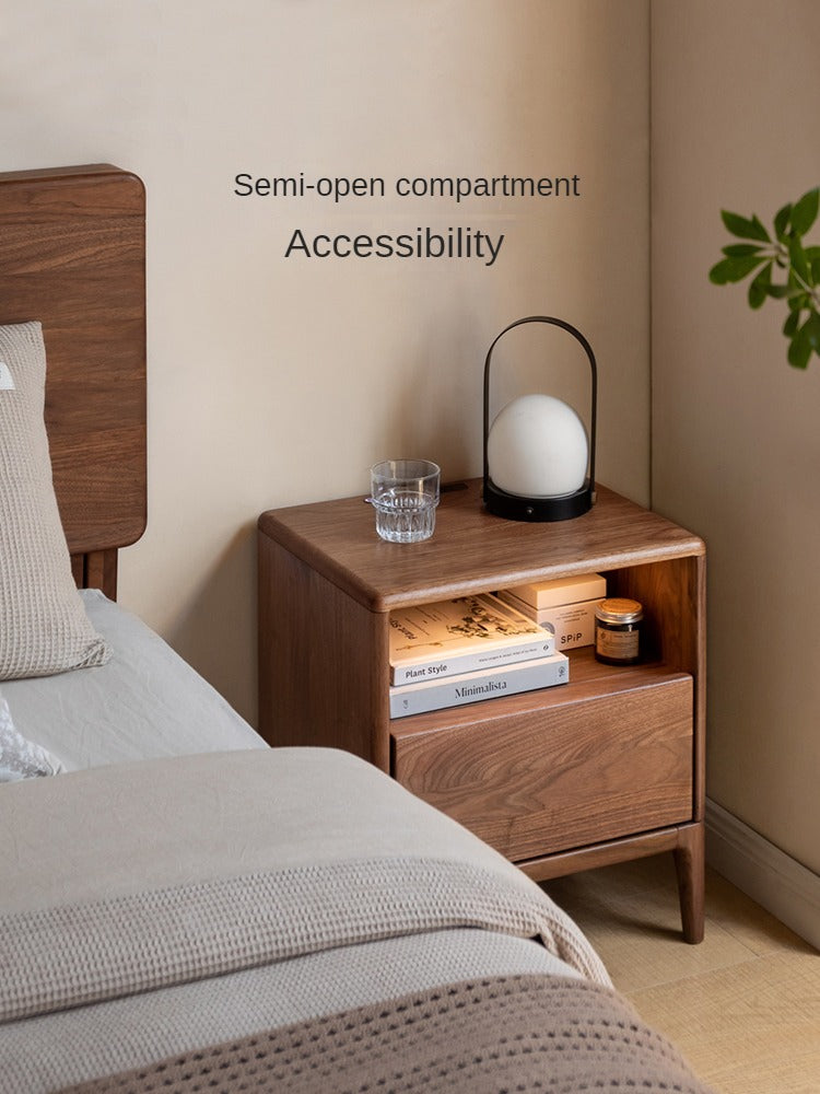 Premium Black Walnut & Ash Solid Wood Nightstand with Built-in Light - Modern Bedside Table for Bedroom Decor & Small Space Storage