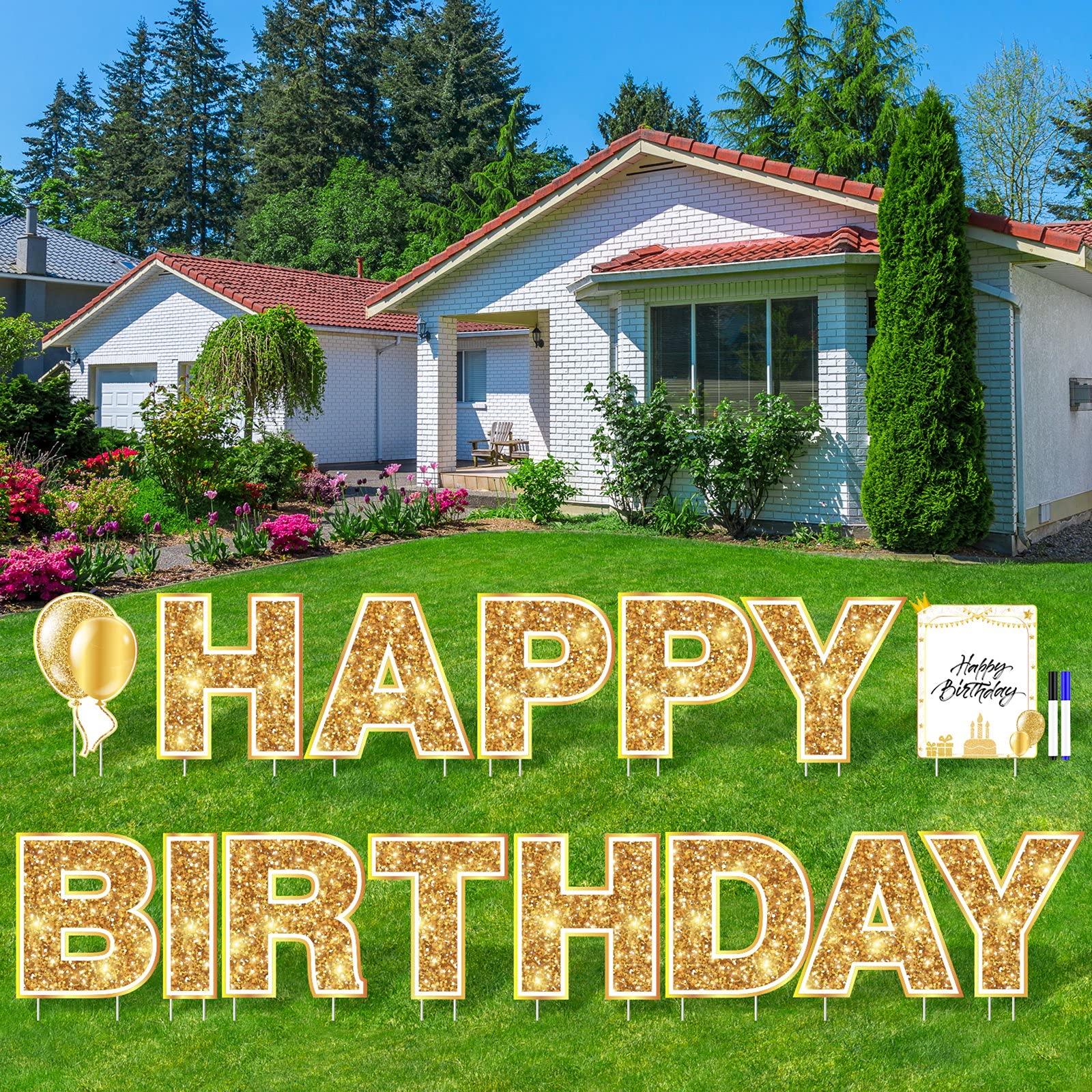 Elcoho 15 Pack Gold Happy Birthday Yard Signs with Stakes - Lawn Decorations Set with Balloon Designs for Outdoor Birthday Party Decor - Perfect for Backyard Celebrations, Garden Parties & Front Yard Displays