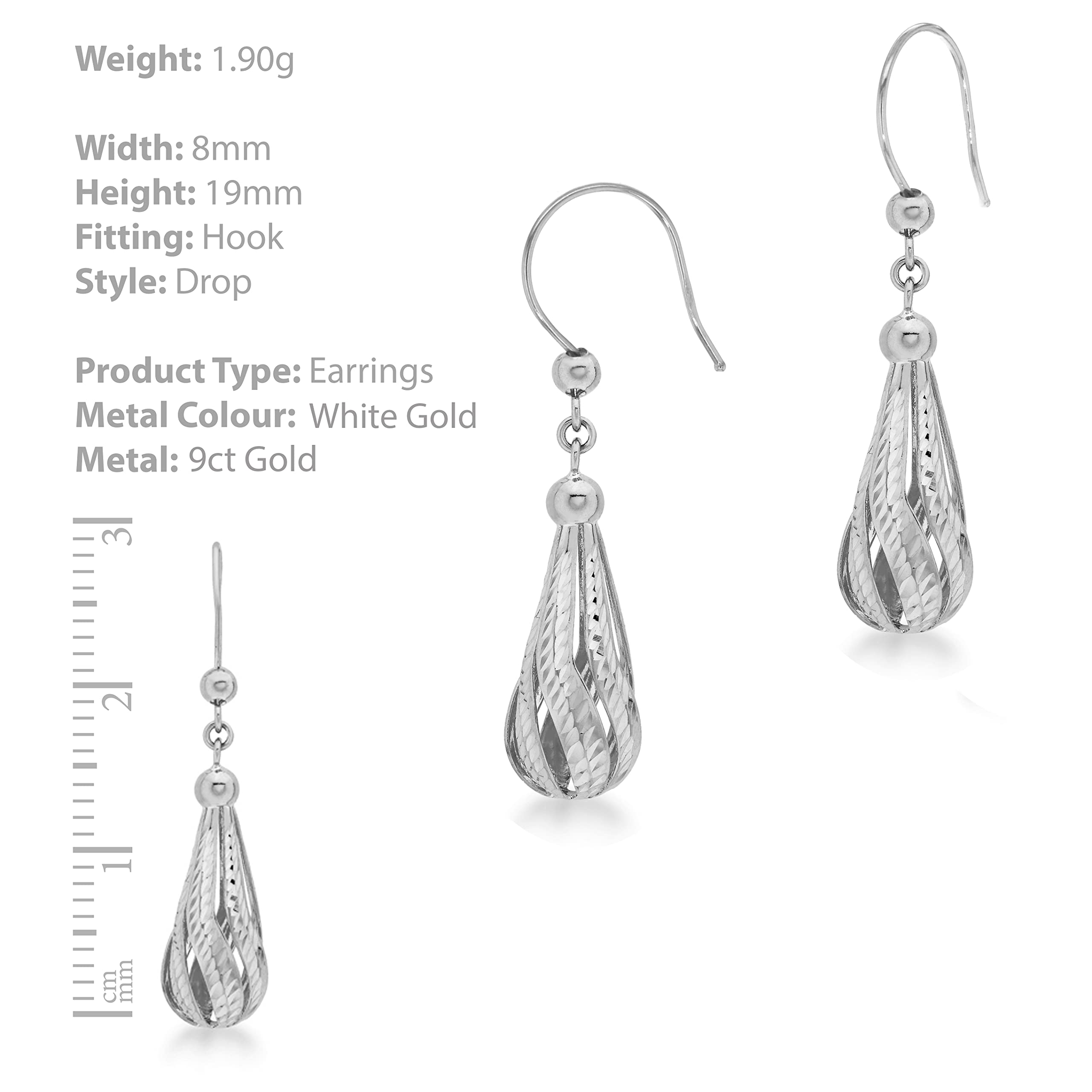 Carissima 9K Gold Diamond Cut Teardrop Earrings for Women - Elegant Dangle Drop Earrings for Wedding, Party & Special Occasions
