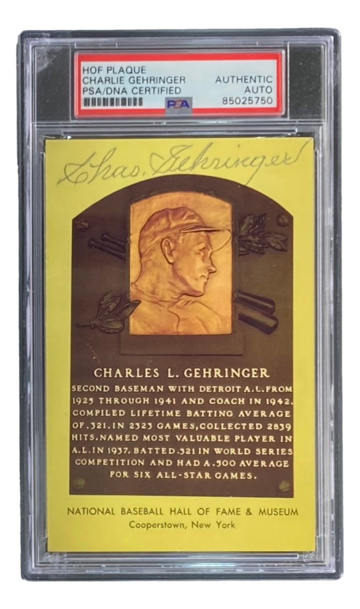 Charlie Gehringer Autographed 4x6 Detroit Tigers Hall of Fame Plaque Card with PSA/DNA Certification #85025750 - Perfect for Baseball Memorabilia Collectors and Detroit Tigers Fans Display