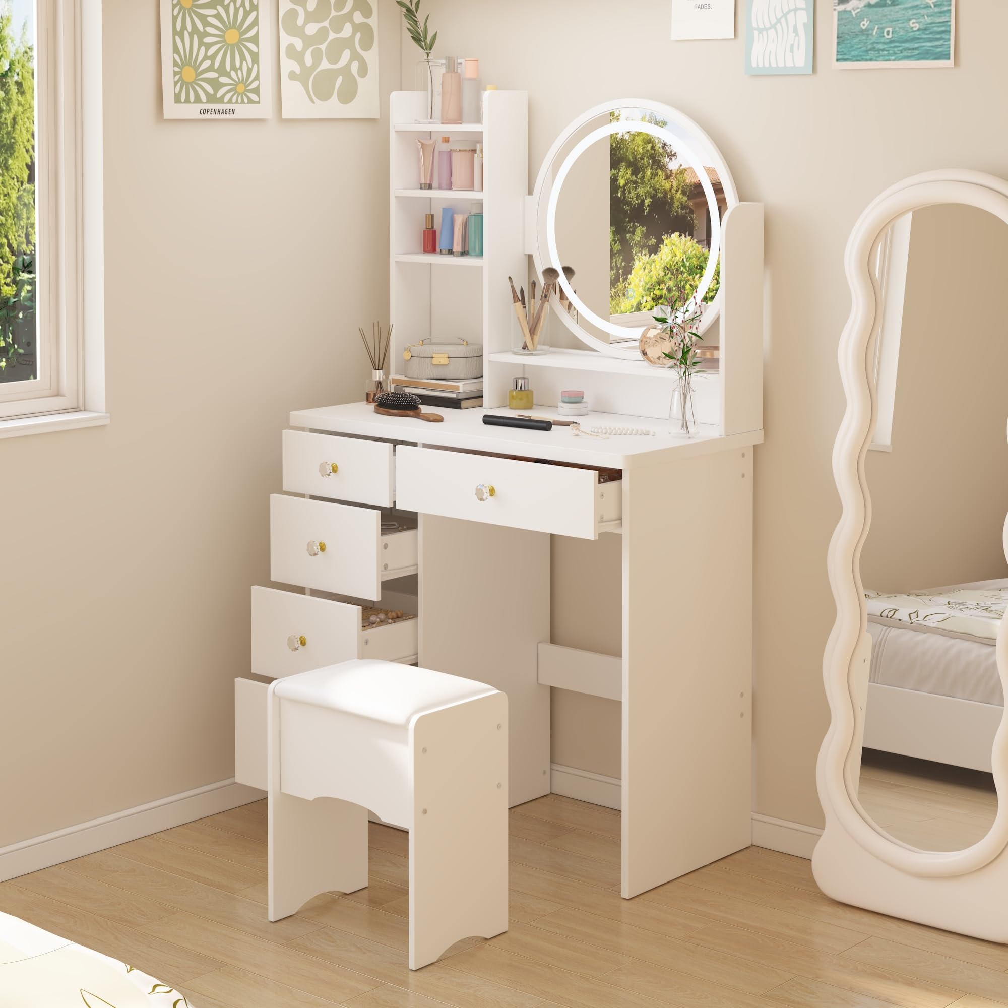 AIEGLE LED Lighted Vanity Desk Set with Round Mirror - 3 Color Adjustable Makeup Dressing Table with Open Shelves, Cushioned Stool & Storage Drawers | Perfect for Bedroom, Bathroom & Beauty Salon (White)