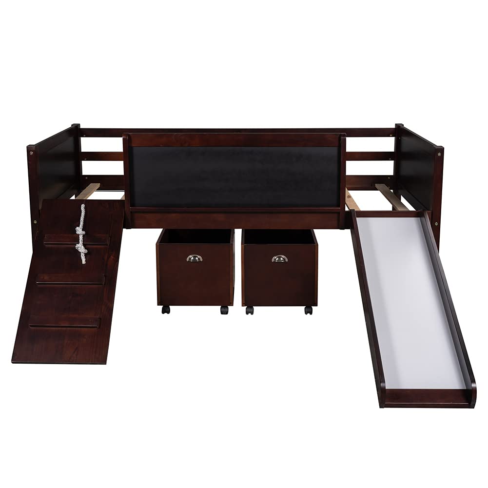 **Twin Size Low Loft Bed with Slide & 2 Storage Boxes - Easy Assembly Wooden Loft Bed (Espresso) - Perfect for Kids' Bedroom, Dorm Room & Small Spaces**