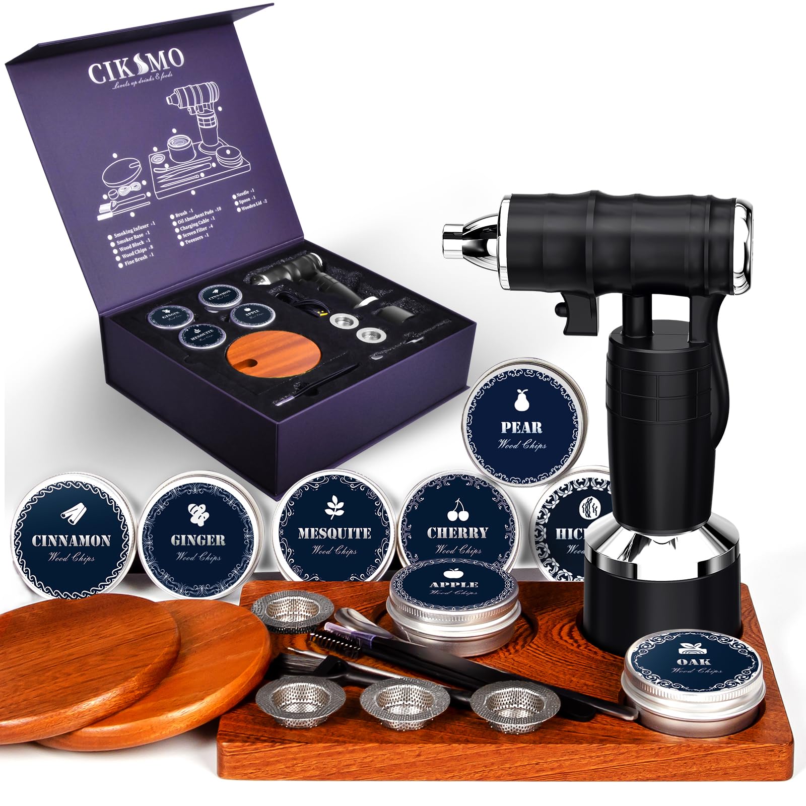 Electric Cocktail Smoker Kit - Rechargeable Whiskey & Bourbon Smoker with Smoking Gun, 8 Wood Chips Included - No Butane Needed - Perfect for Home Bars, Cocktail Parties & Gourmet Food Smoking (Black)